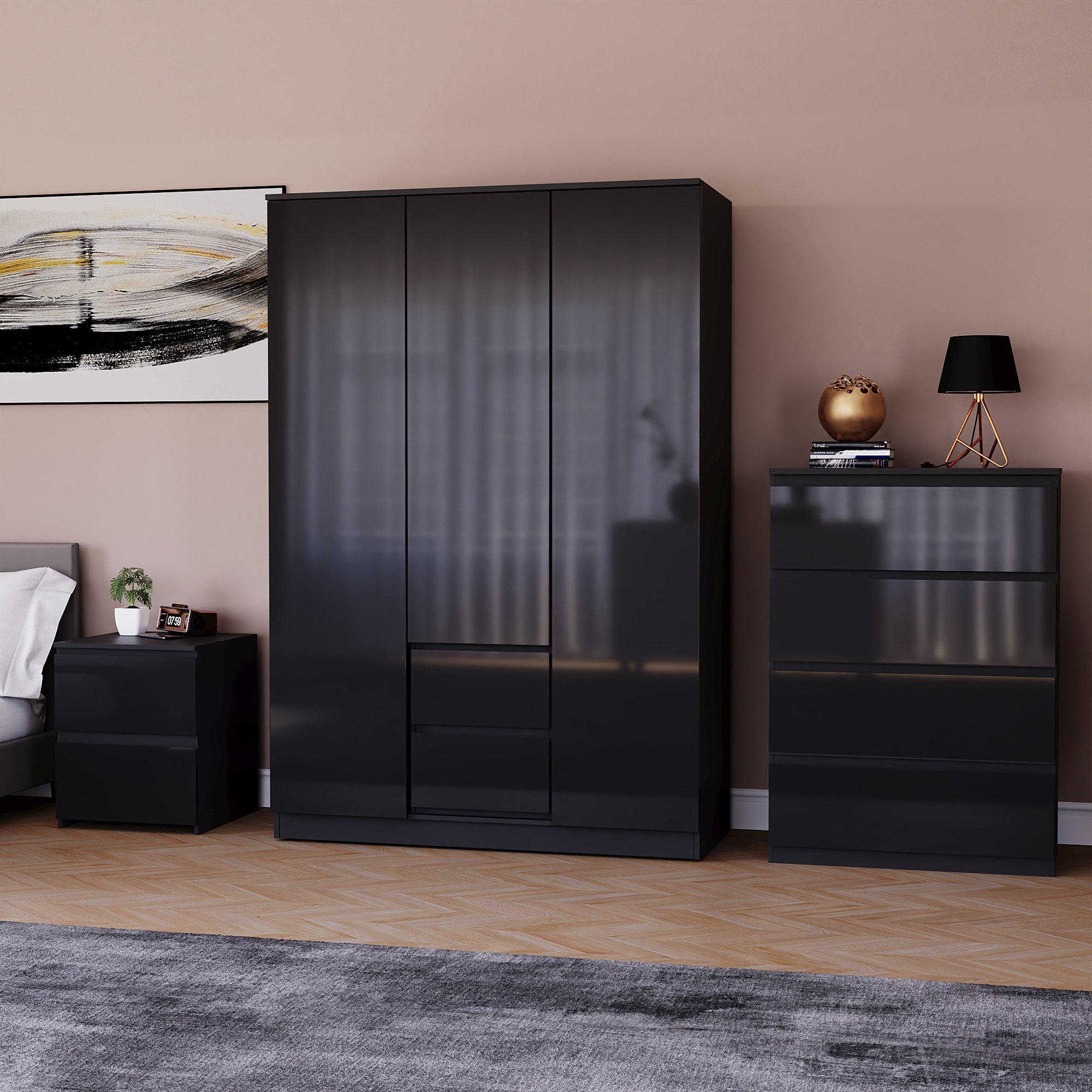 Vida Designs Glinton Bedroom Set (Bedside, 4 Drawer Chest, 3x2 Wardrobe) - Black