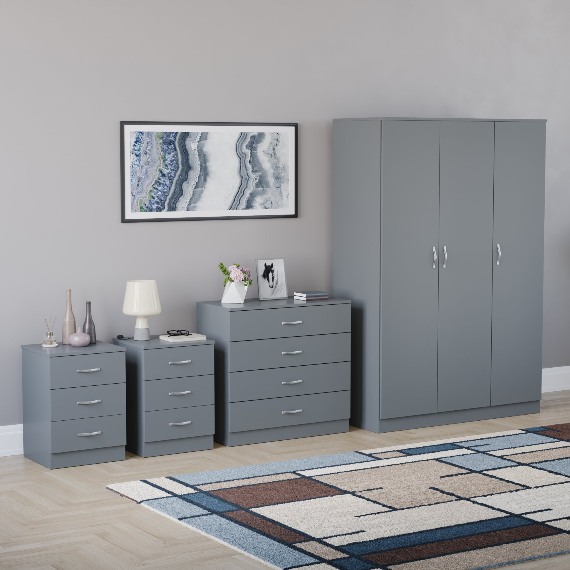 Vida Designs Riano Bedroom Set (Bedsides, 4 Drawer Chest, 3 Door Wardrobe)- Grey