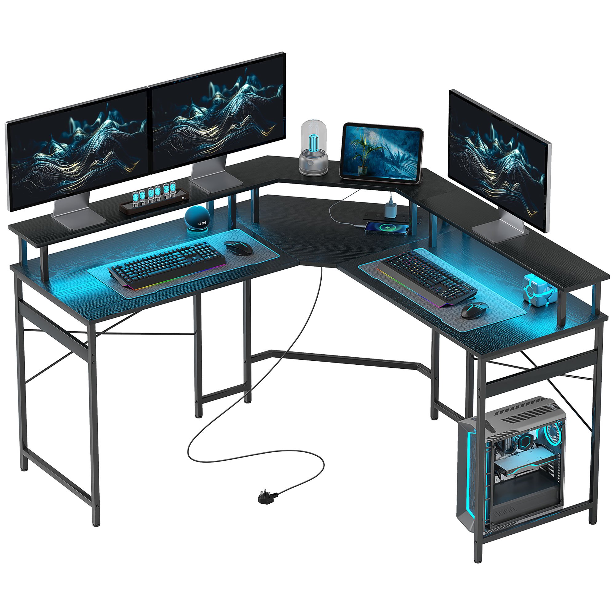 HOMCOM Industrial L Shaped Desk with Power Outlets - Black