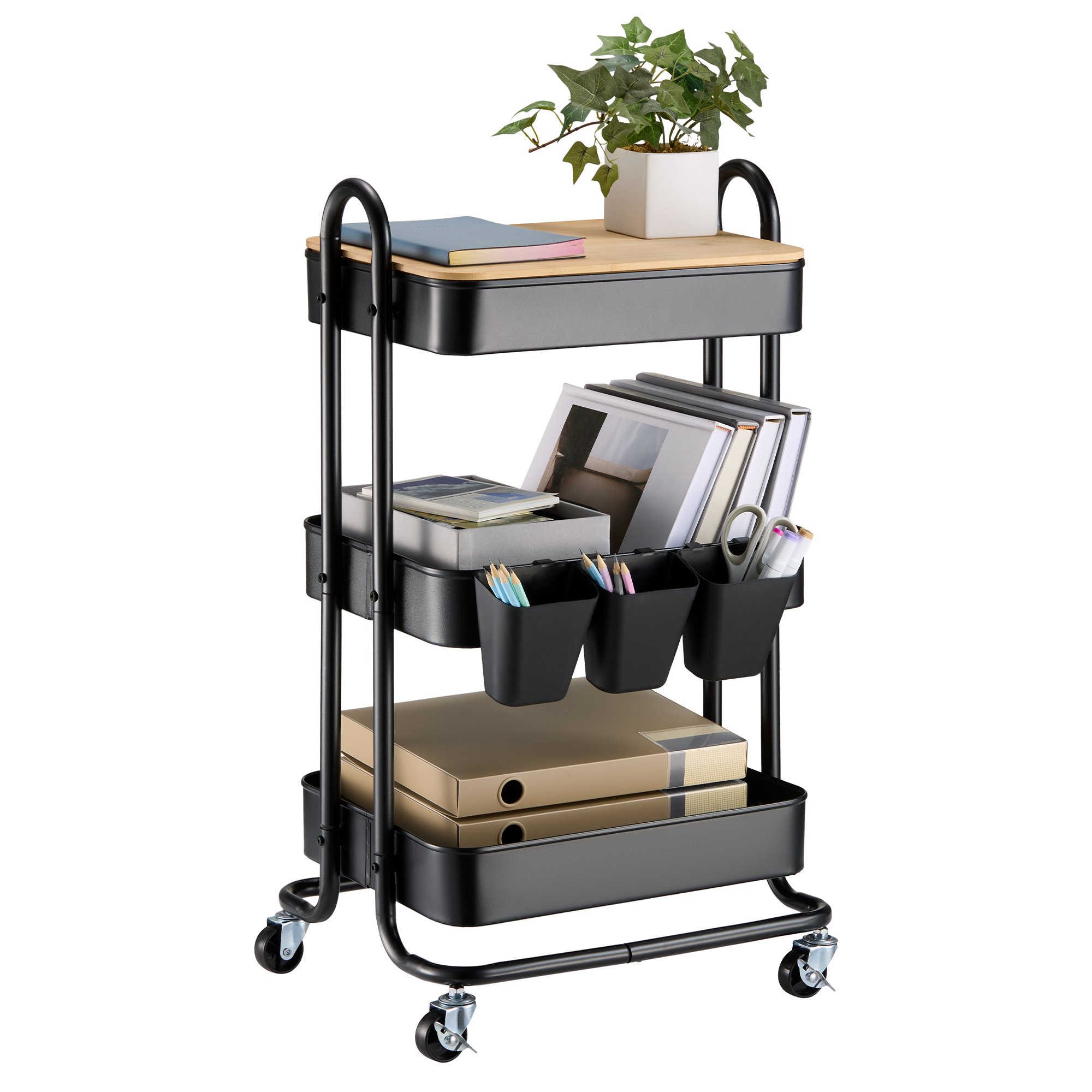 Vonhaus 3 Tier Steel & Bamboo Storage Trolley - Black