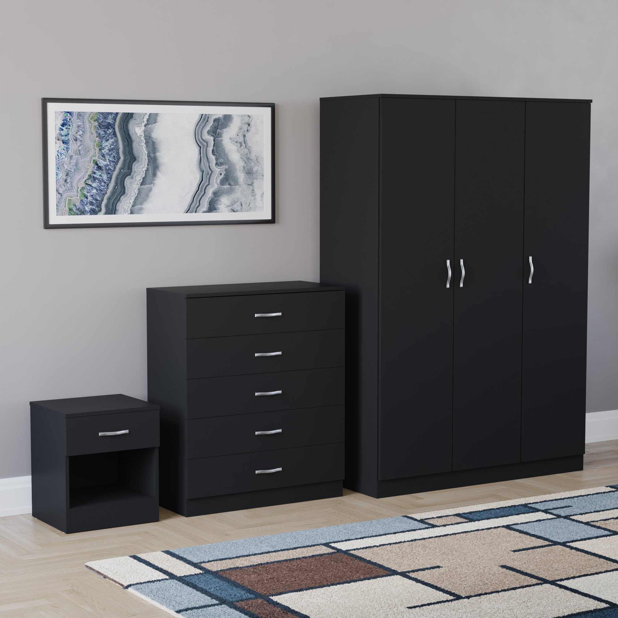 Vida Designs Riano Bedroom Set (Bedside - 5 Drawer Chest - Wardrobe) - Black