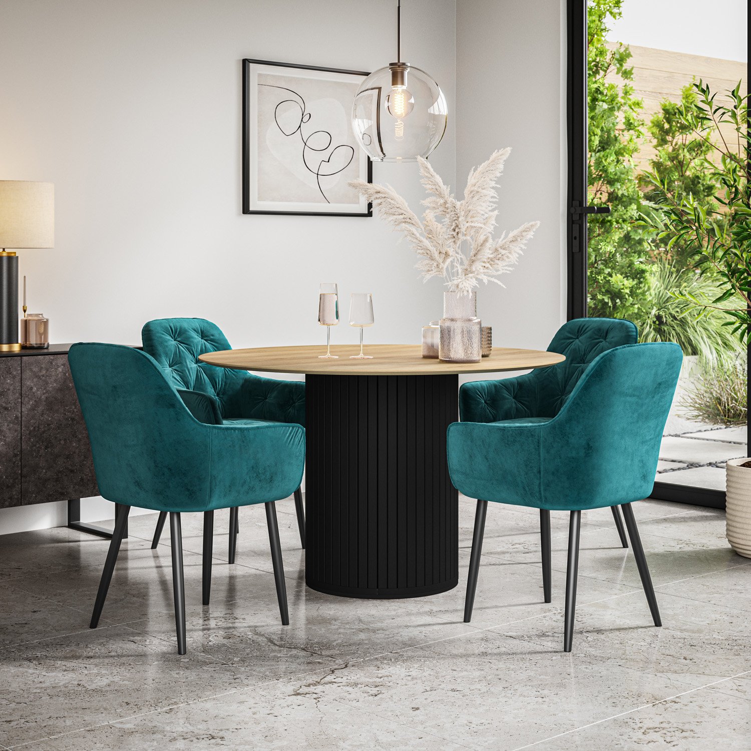 Furniture Online Arlo Anika Oak Top w Blk Legs Dining Table & 4 Blue Chairs