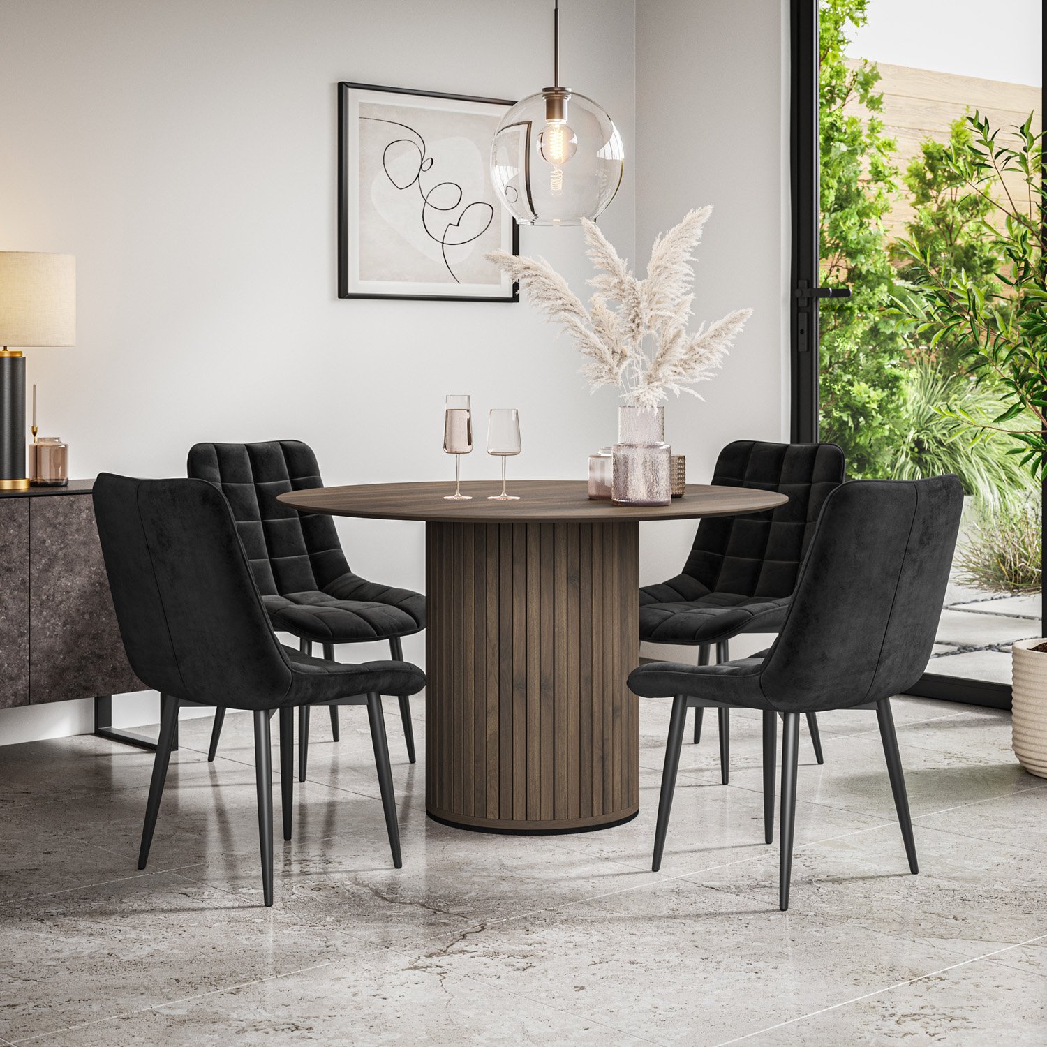 Furniture Online Arlo Nova Walnut Top w Wal Legs Dining Table & 4 Black Chairs