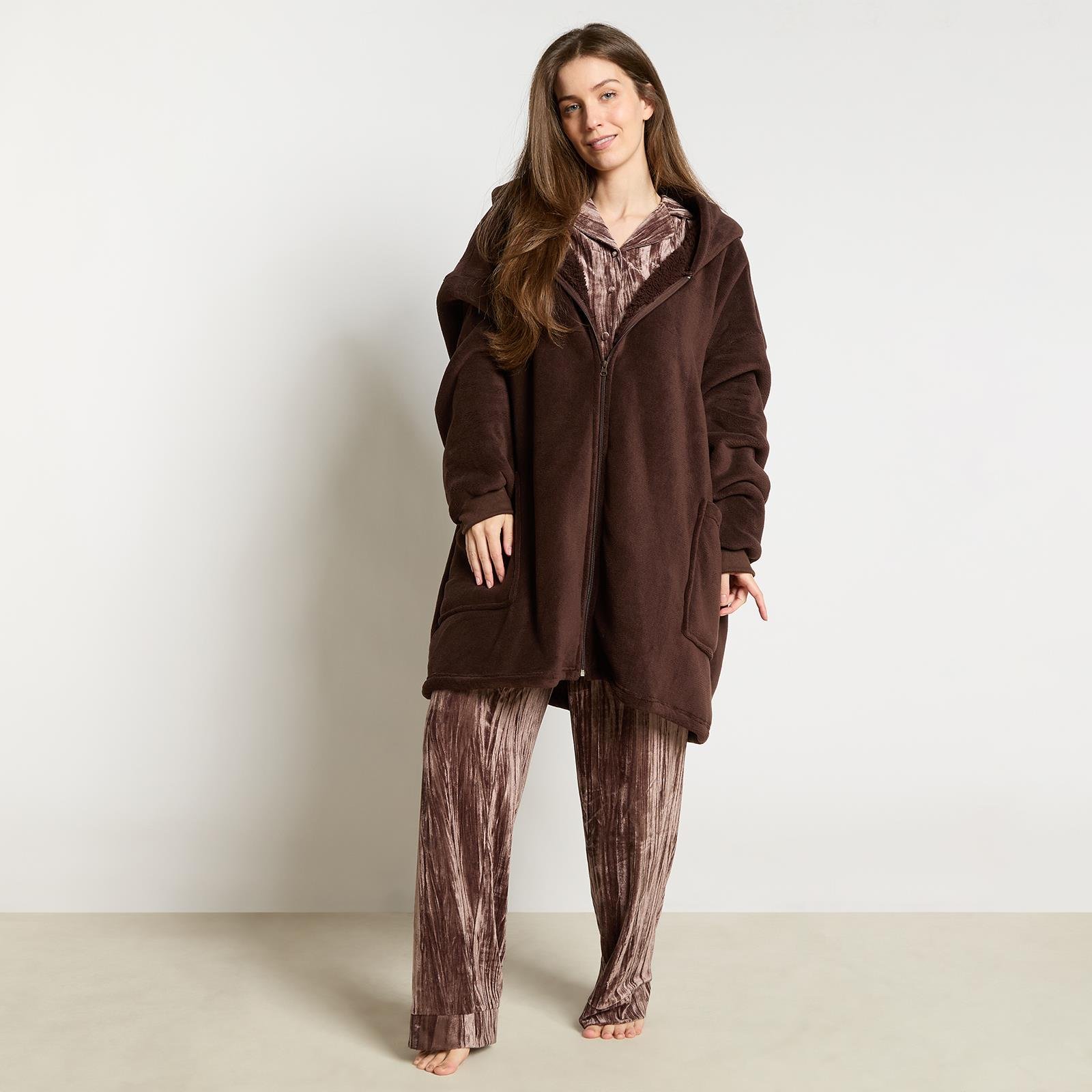 OHS Plain Zipper Hoodie Blanket - One Size - Brown