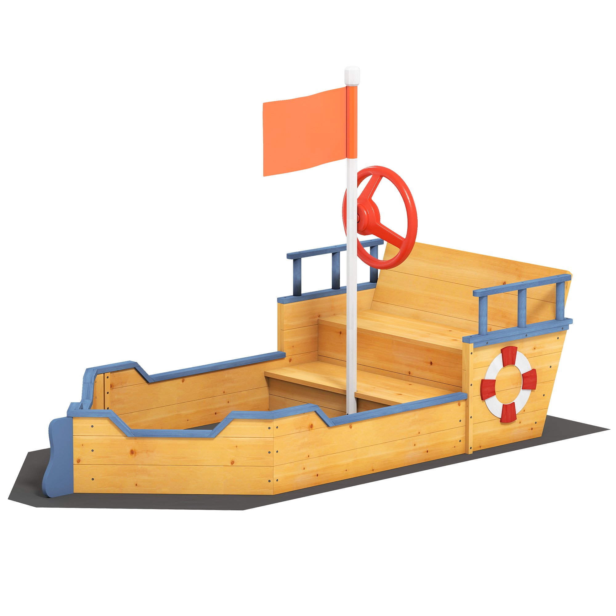 Outsunny Wooden Pirate Ship Sandbox Kids Sand with Bench - Natural Wood