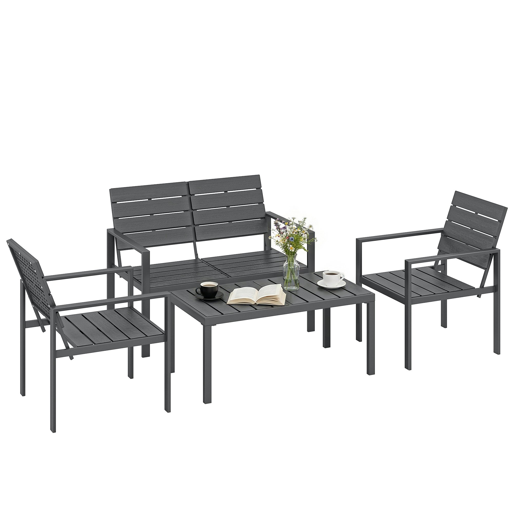 Outsunny 4 Seater Metal Sofa with Hdpe Slatted Loveseat - Dark Grey
