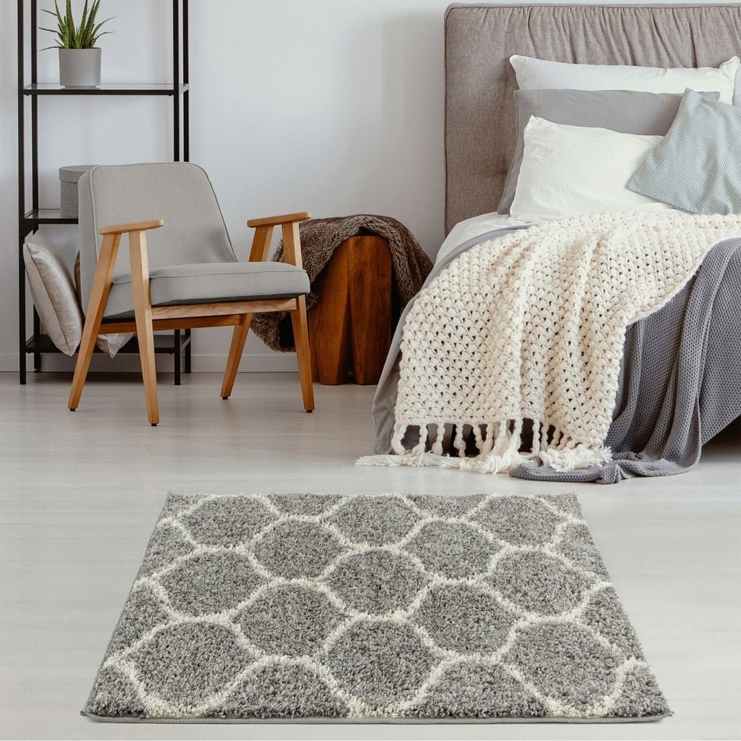 The Rugs Grey Moroccan Shaggy Trellis Square Rug - 120 x 120cm