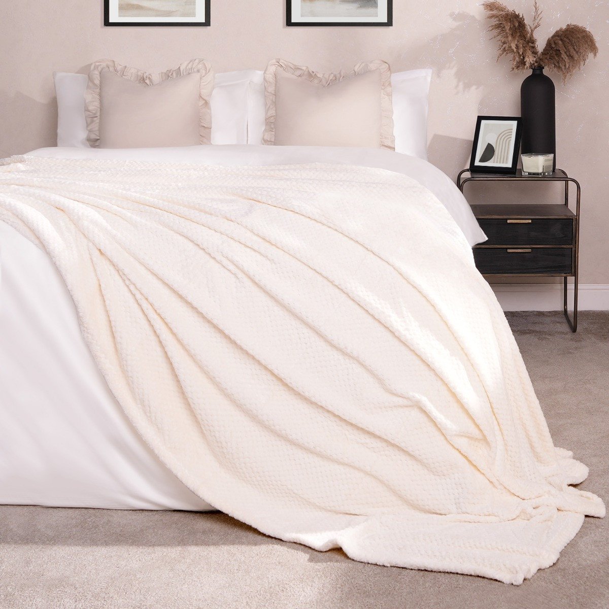 OHS Waffle Fleece Blanket Throw 125 x 150cm - Cream