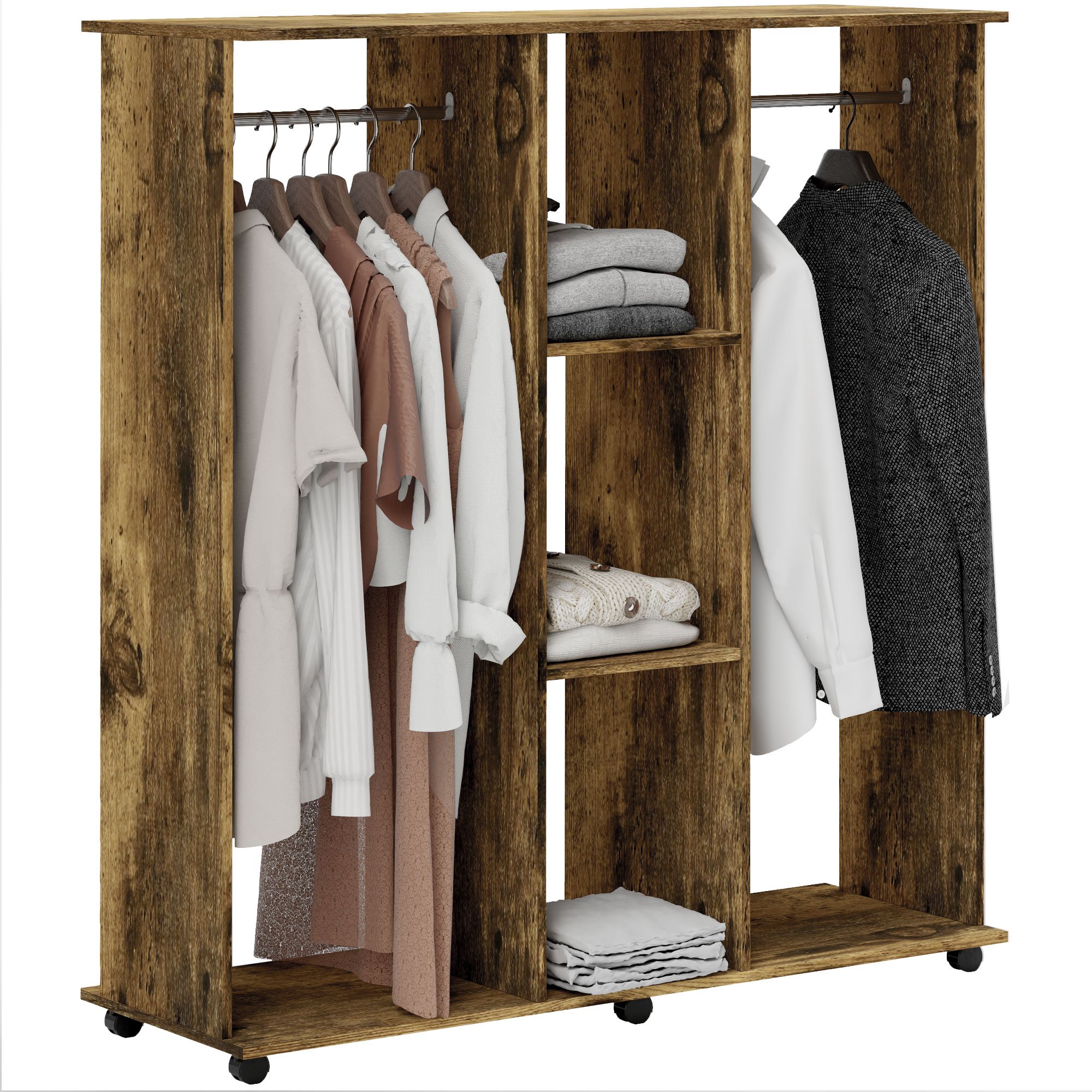 HOMCOM Double Open Wardrobe with Clothes Hanging Rails - Rustic Brown