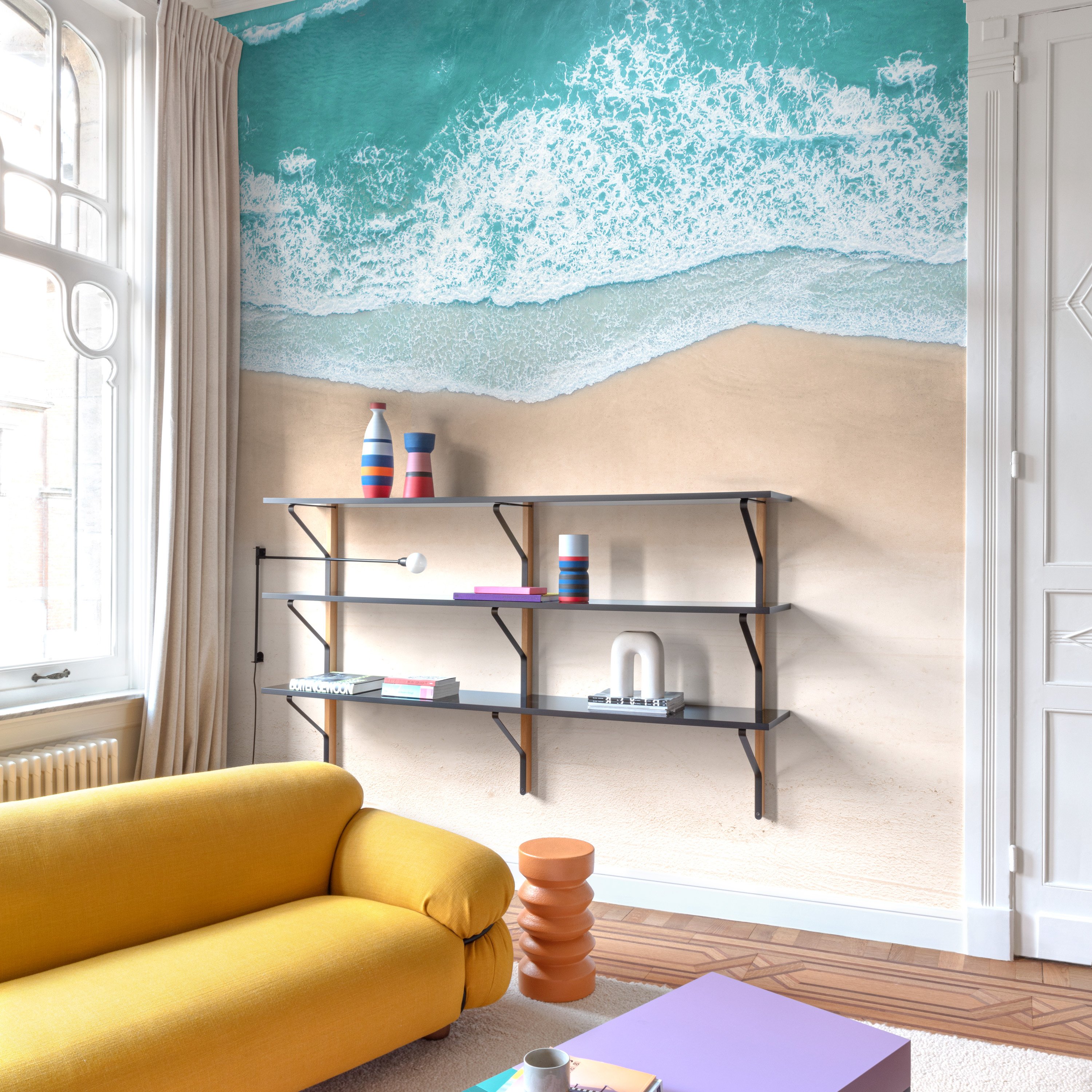 Grandeco Seaside Waves 3 Lane Repeatable Textured Wallpaper Mural  - Neutral