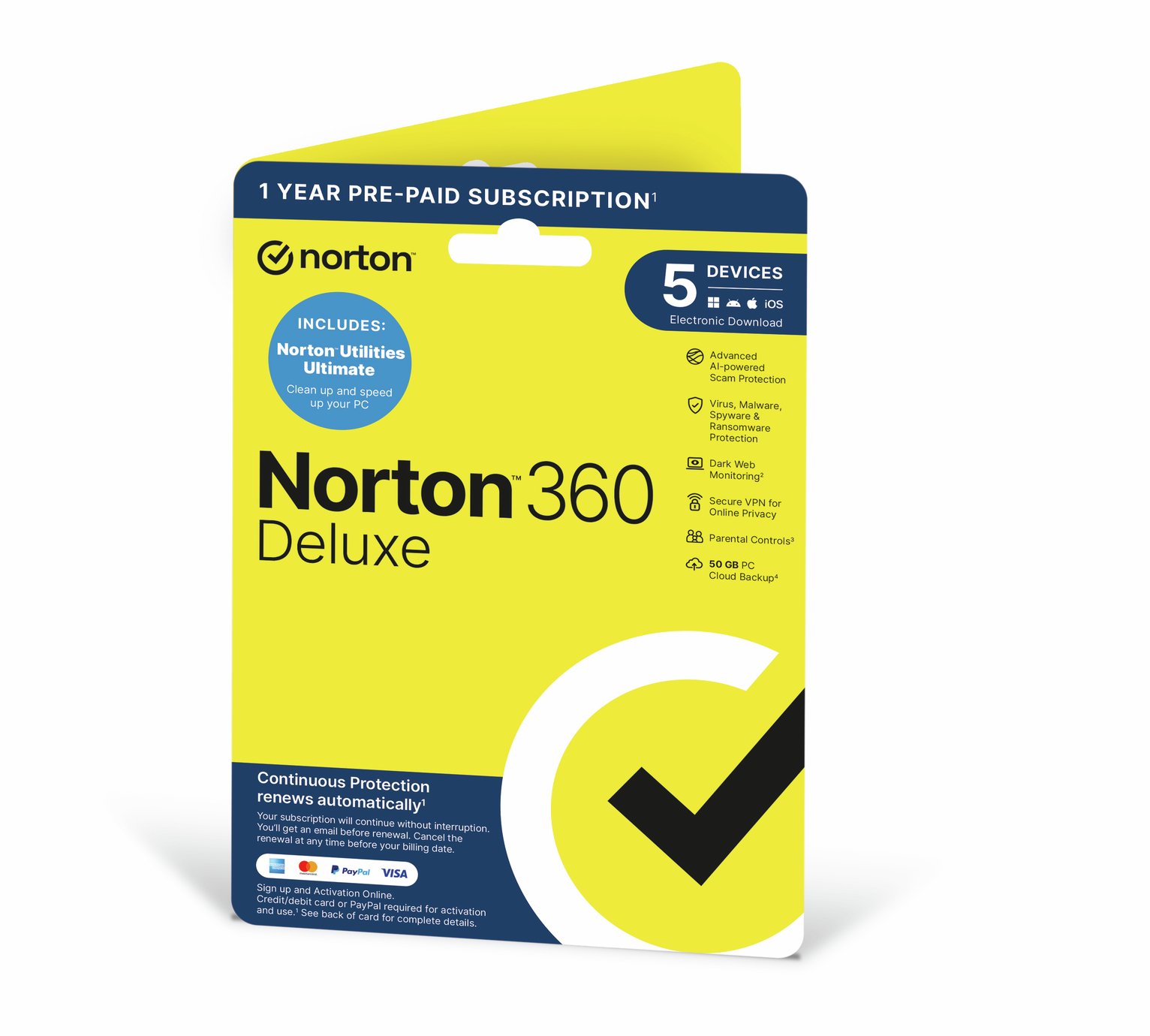 NORTON 360 Deluxe - 5 Device, 1 year auto-renew subscription