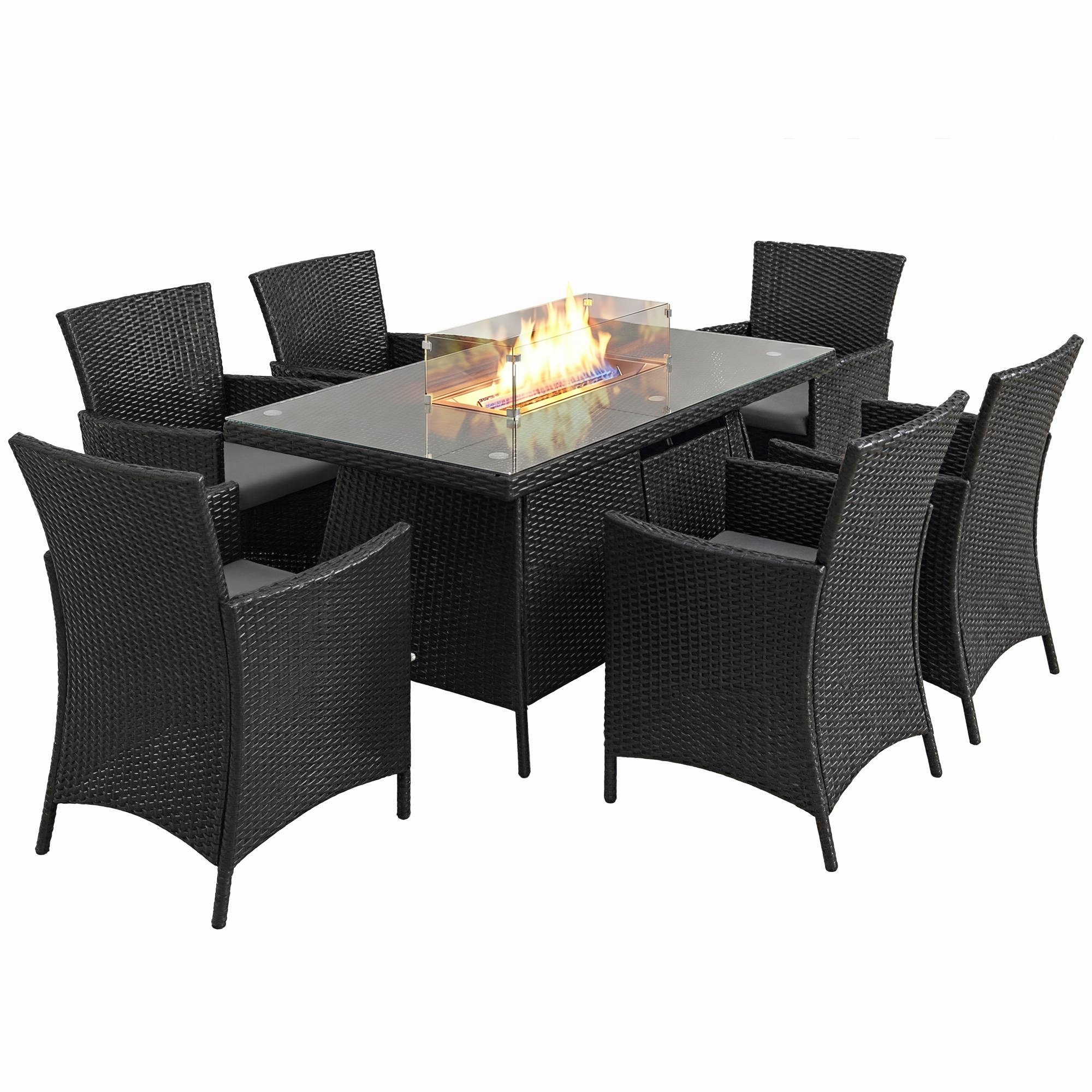 Outsunny 7 Pieces Rattan Garden Furniture with Fire Pit Table - Black