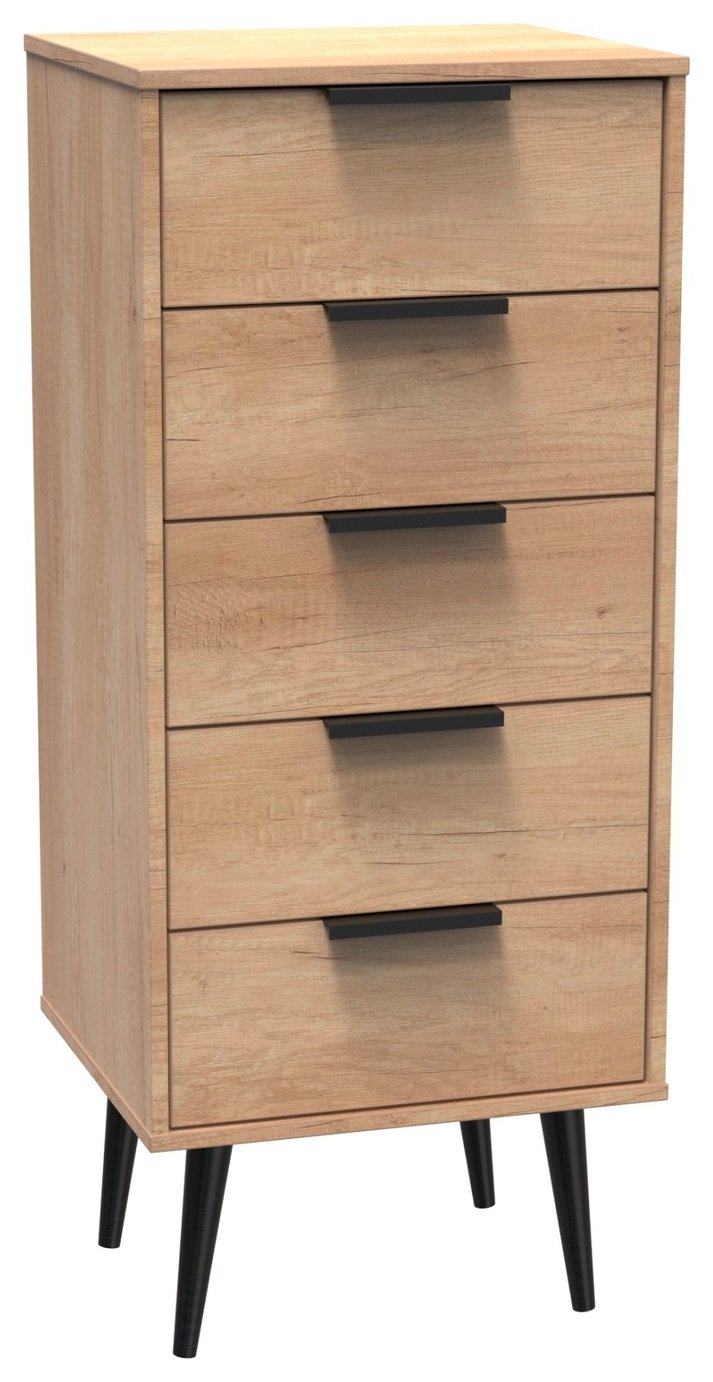 Livara Ready Assembled Bergen 5 Drawer Tallboy - Oak Effect