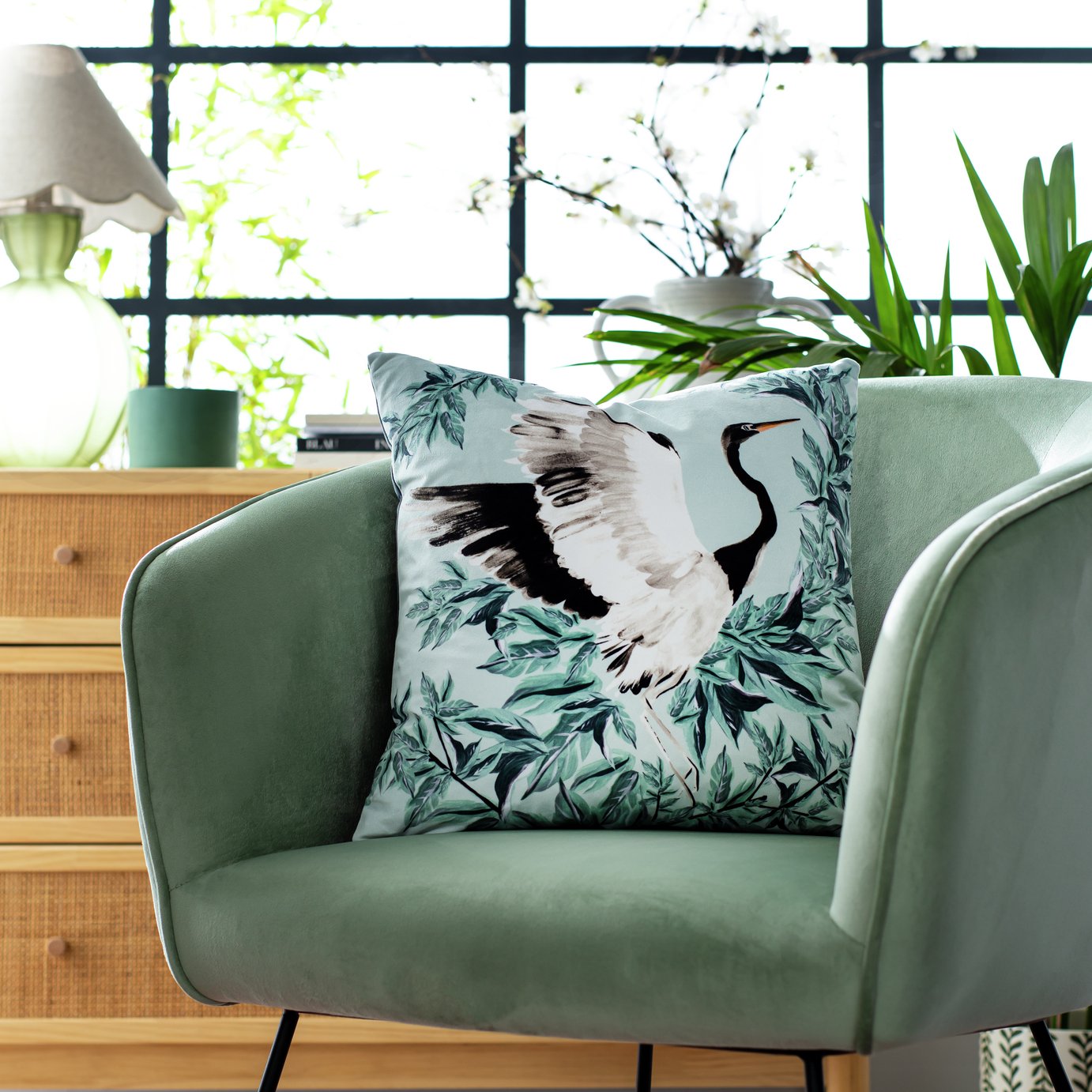 Habitat Crane Print Velvet Cushion - Multicoloured - 43x43cm