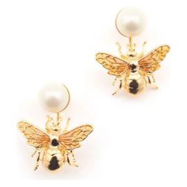 Bill Skinner Gold Plated Pearl Queen Bee Drop Earrings