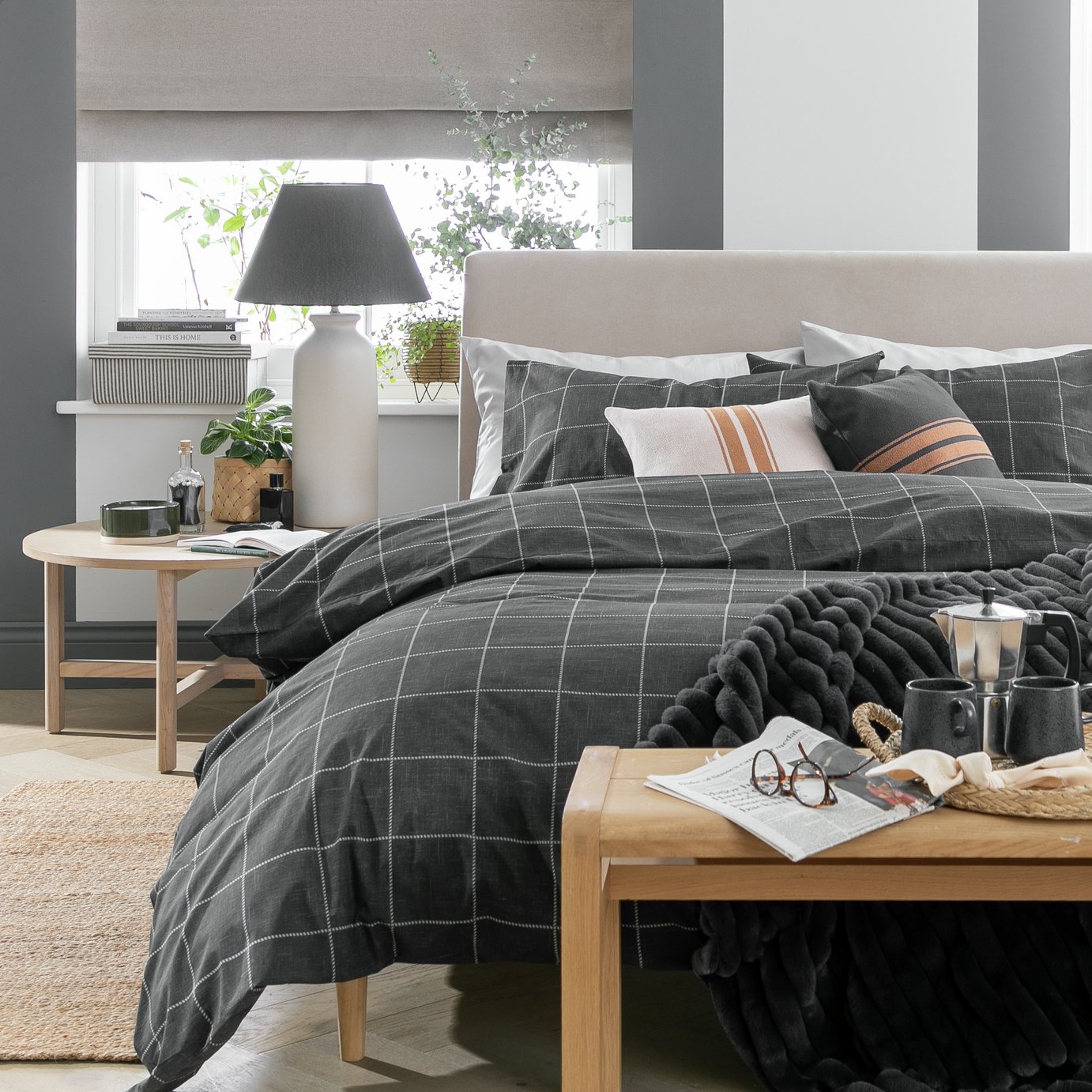 Argos Home Grid Check Grey Bedding Set - Superking