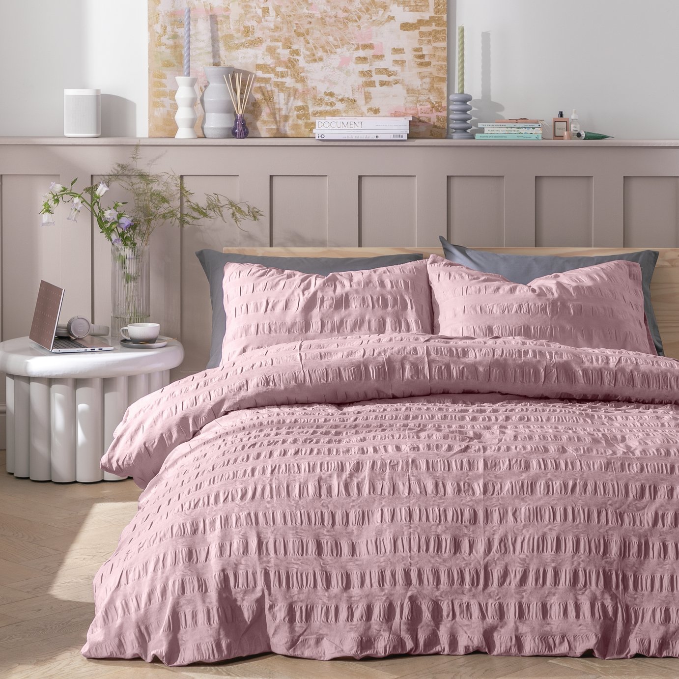 Habitat Seersucker Wide Stripe Lilac Bedding Set - Superking