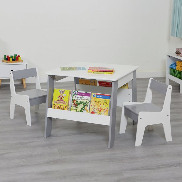 Liberty House Kids Bookshelf Table & 2 Chairs- White & Grey