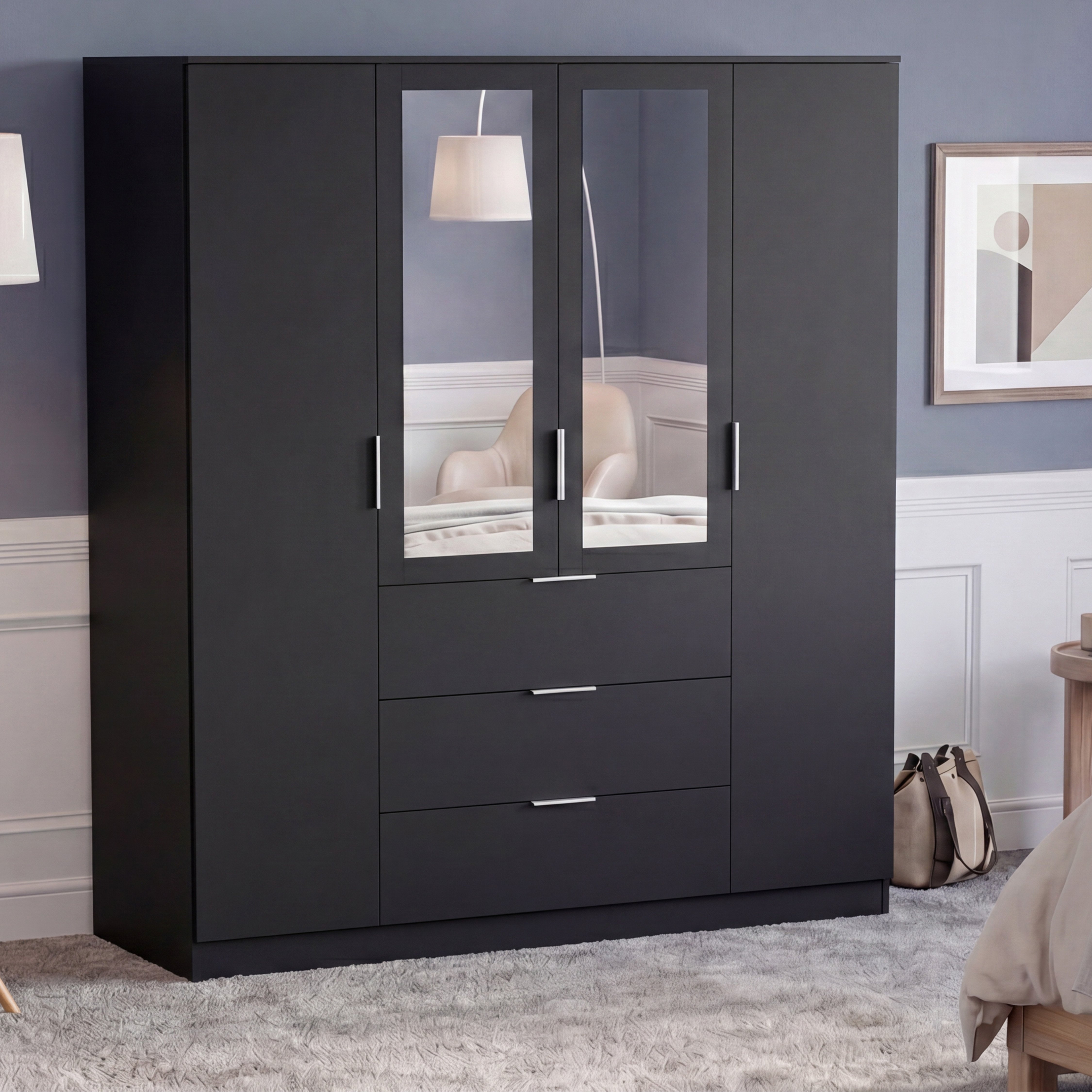 Vida Designs Trega 4 Door 3 Drawer Mirrored Wardrobe - Black
