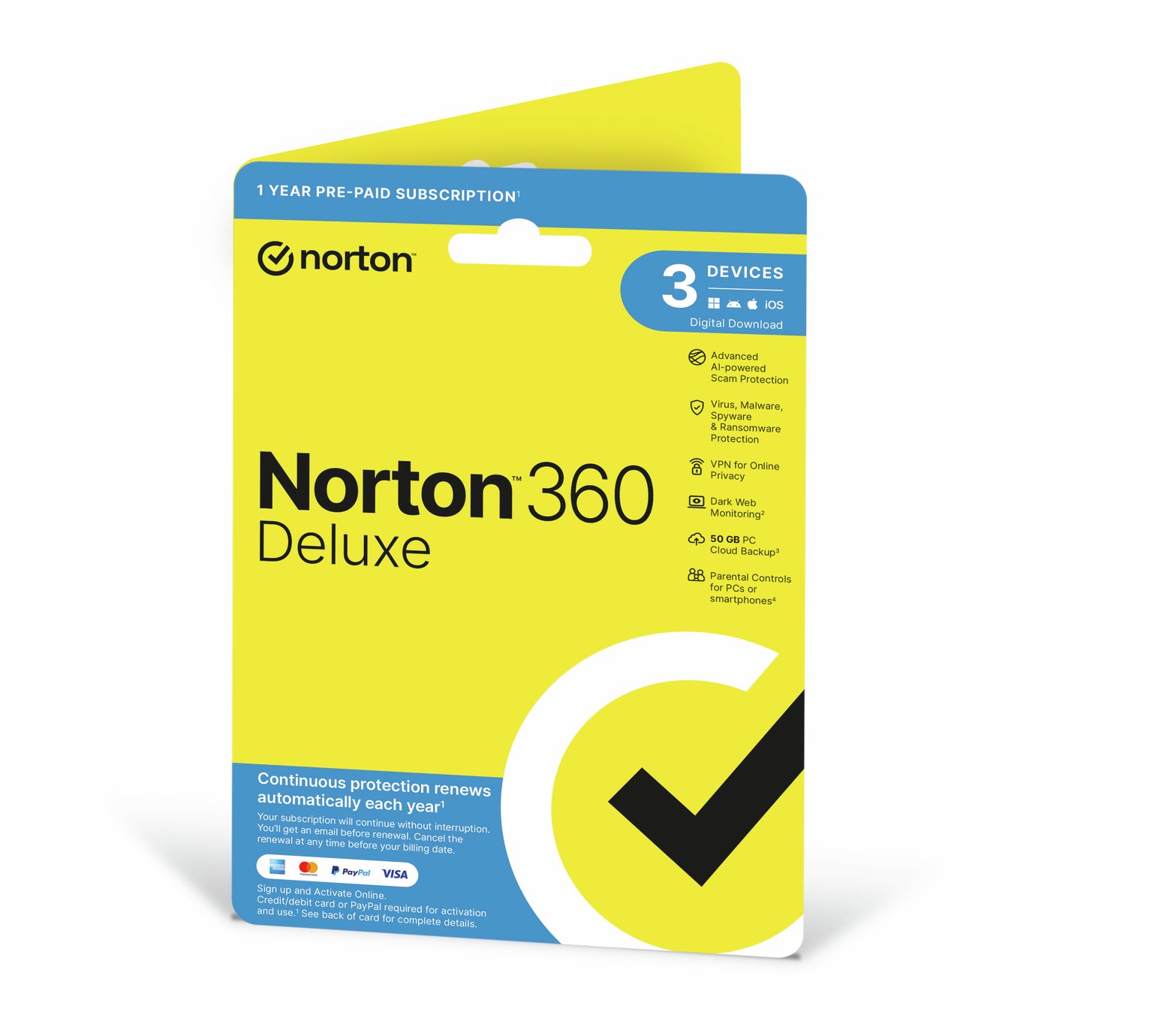 NORTON 360 Deluxe 3 Device, 1 year auto-renew subscription