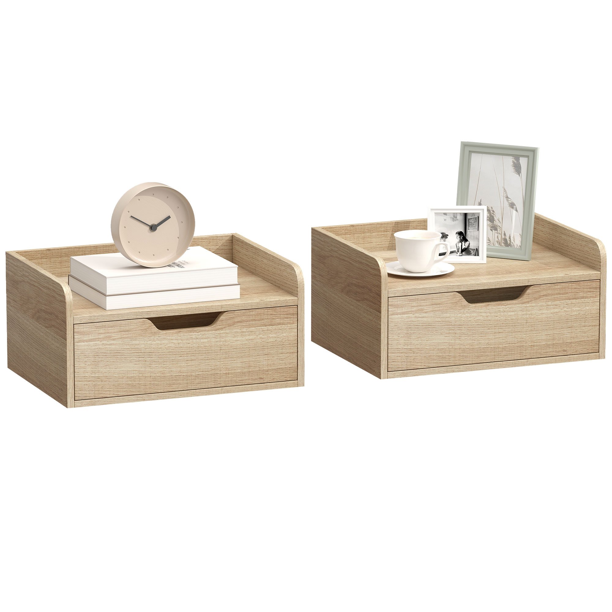 HOMCOM Set of 2 Floating Nightstand with Storage Drawer - Natural Wood