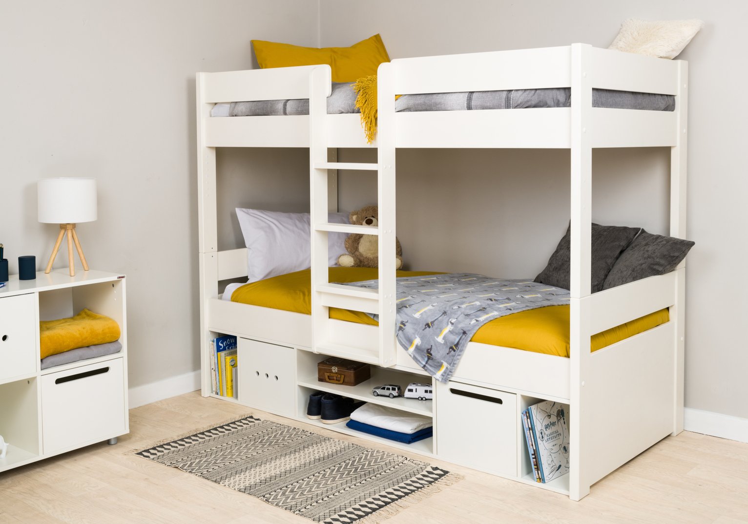 white bunk bed with drawers