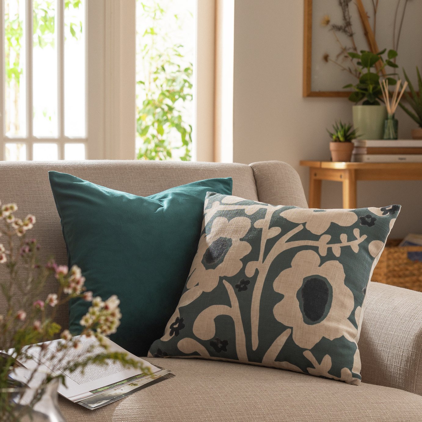 Habitat Floral Botanical Printed Cushion - Blue - 43x43cm