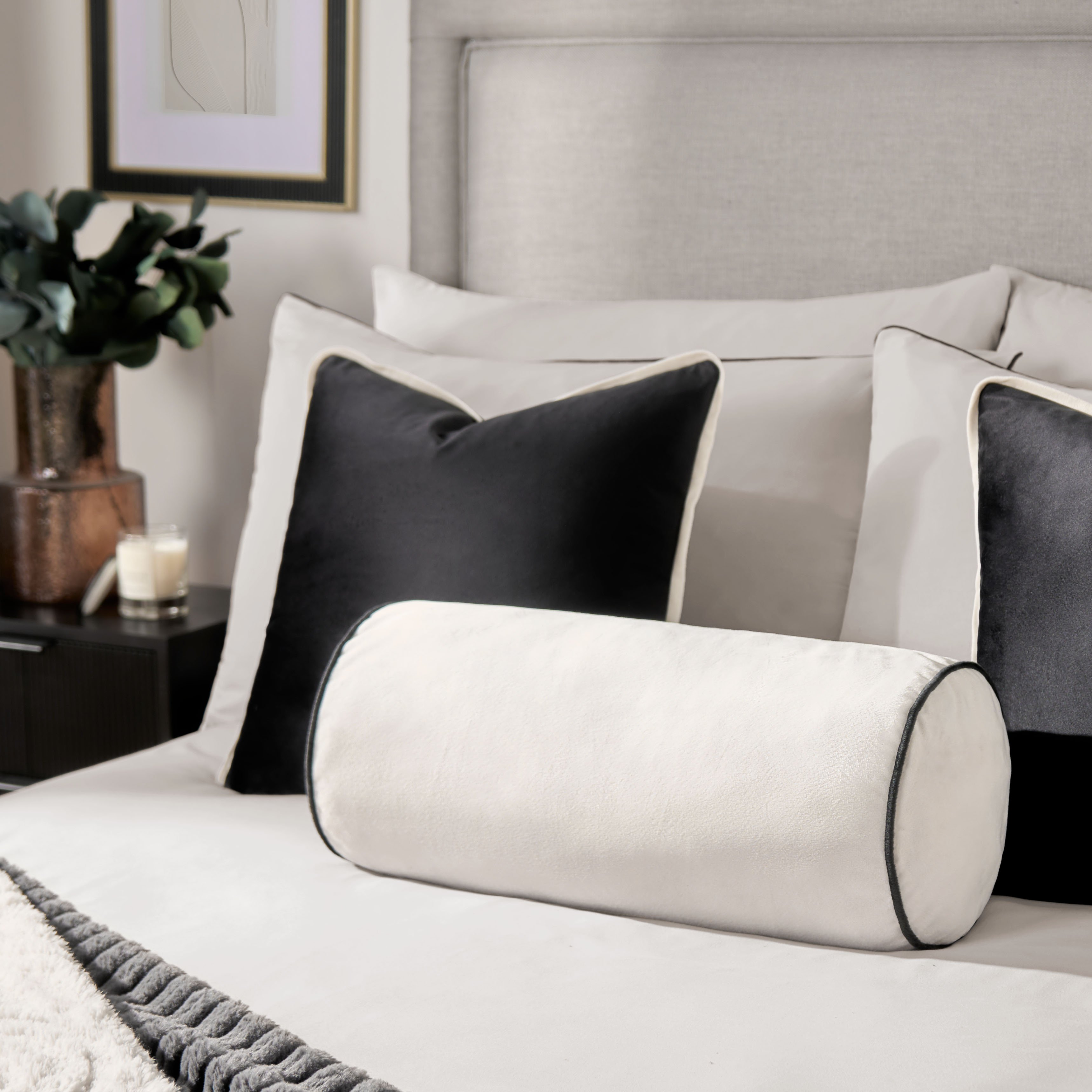 OHS Matte Velvet Bolster Cushion - Cream/Black - 46 x 20cm