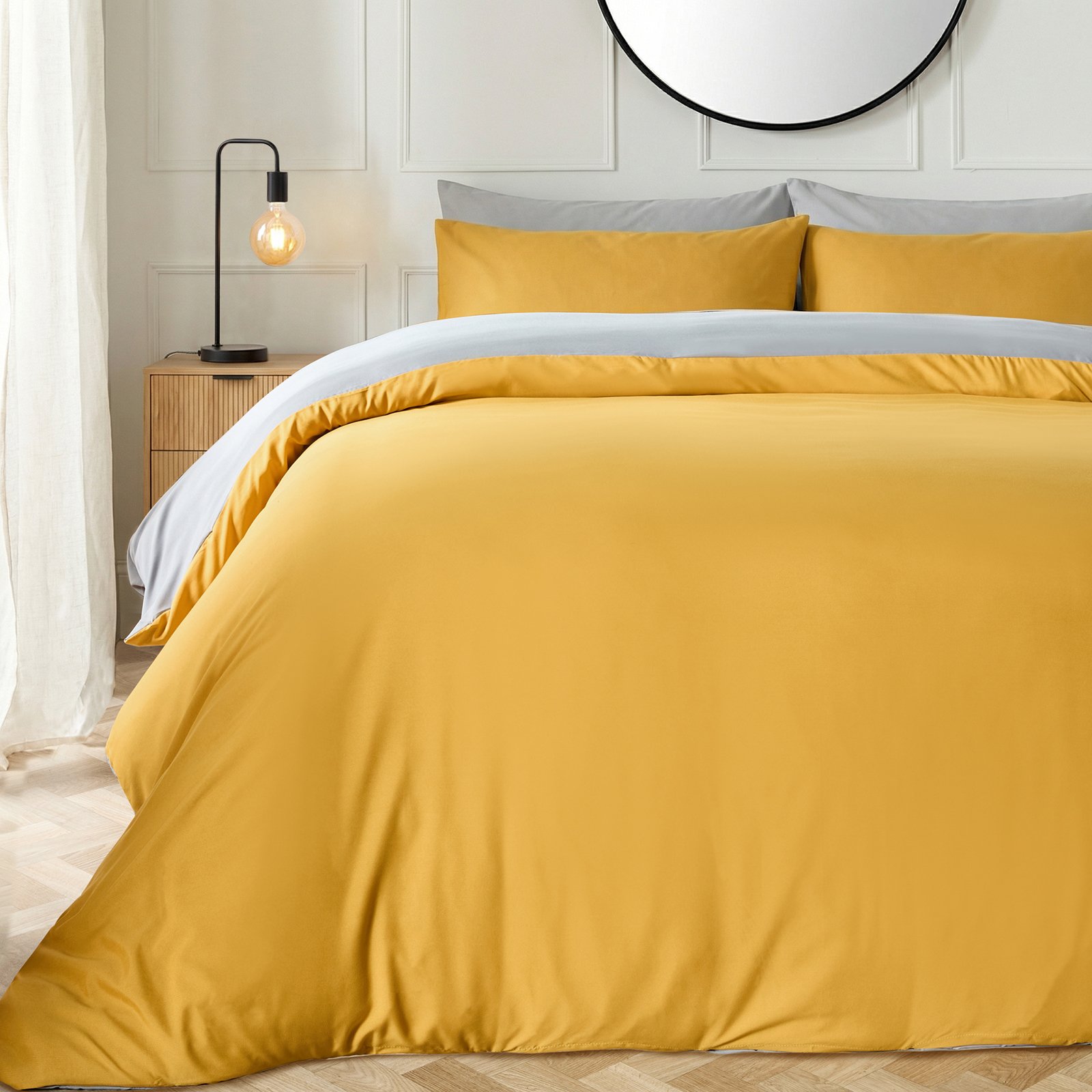 OHS Plain Dyed Reversible Duvet Cover Set Ochre/Grey - King
