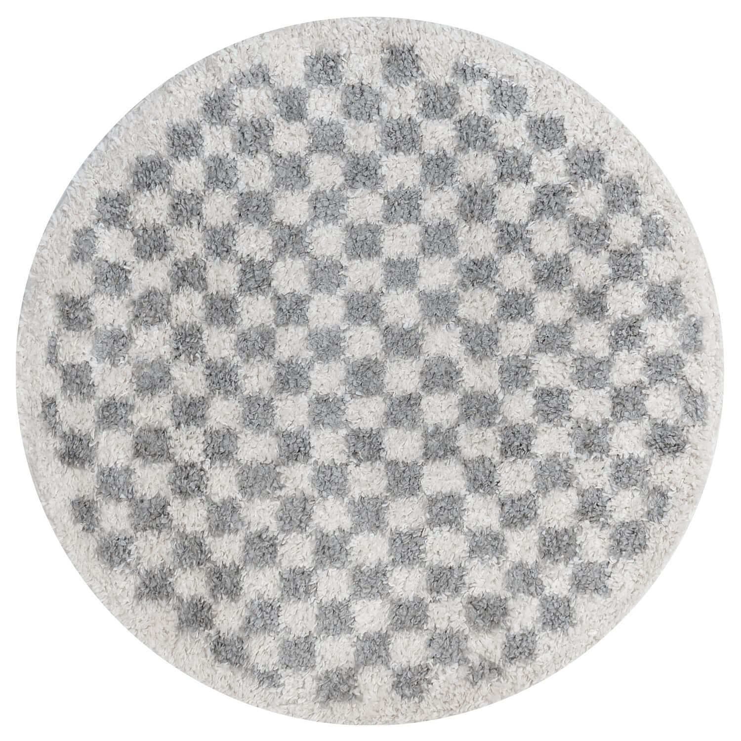 The Rugs Grey Moodi Chequered Round Shaggy Rug - 120cm