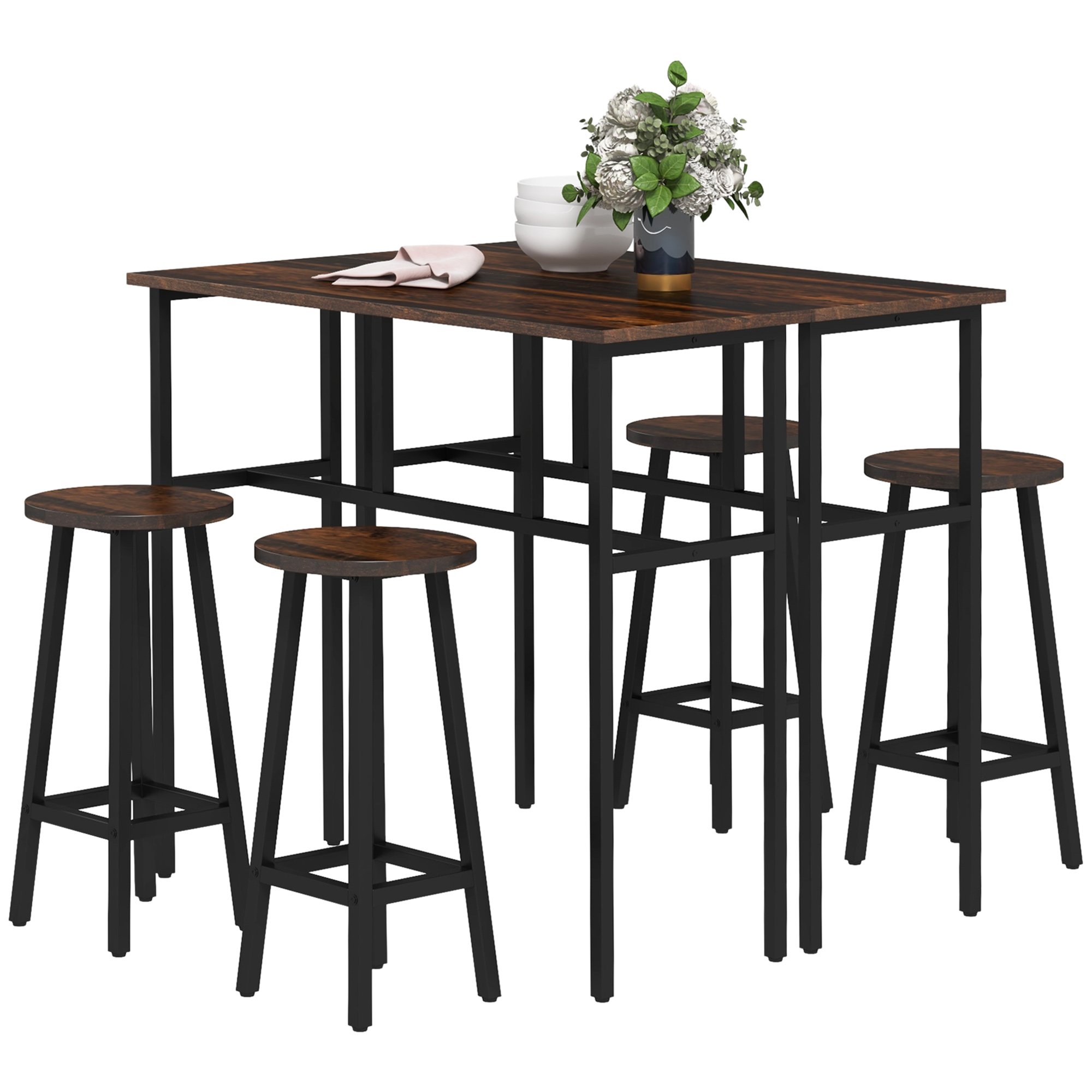 HOMCOM 6 Piece Industrial Bar Table and Stools Set - Rustic Brown