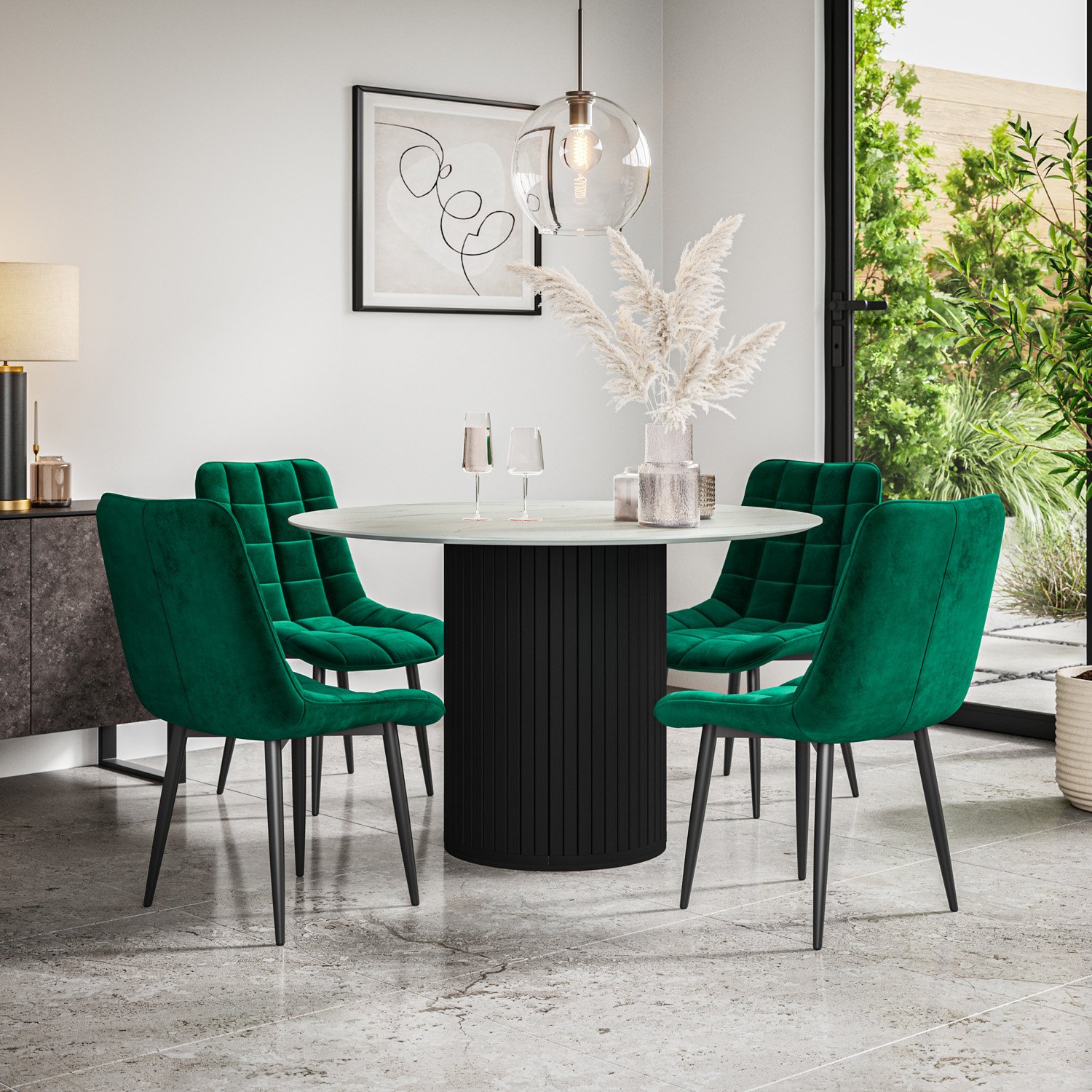Furniture Online Arlo Nova Marble Top w Blk Legs Dining Table & 6 Green Chairs