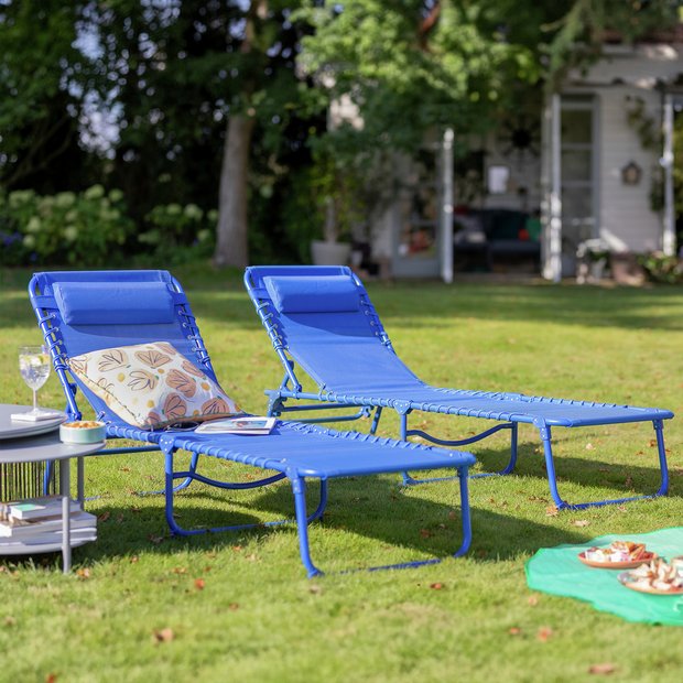 Buy Argos Home Set of 2 Folding Metal Sun Loungers Blue Garden chairs and sun loungers Argos