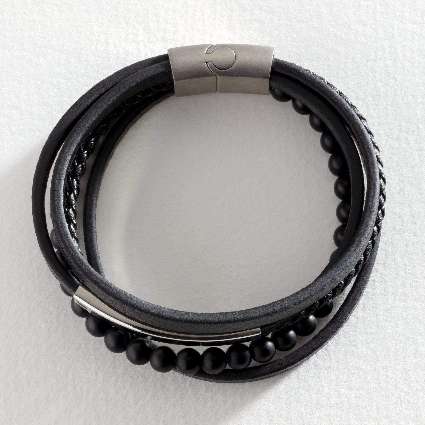 Revere Men's Black Leather Stainless Steel Layered Bracelet