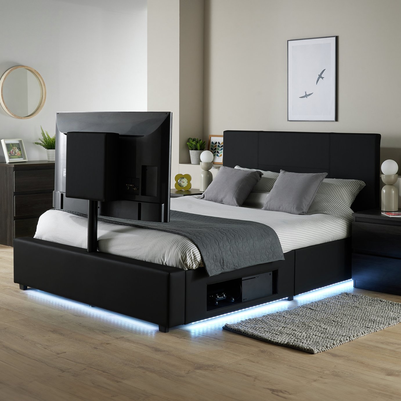 XR Living Ava Kingsize Faux Leather TV LED Bed Frame -Black