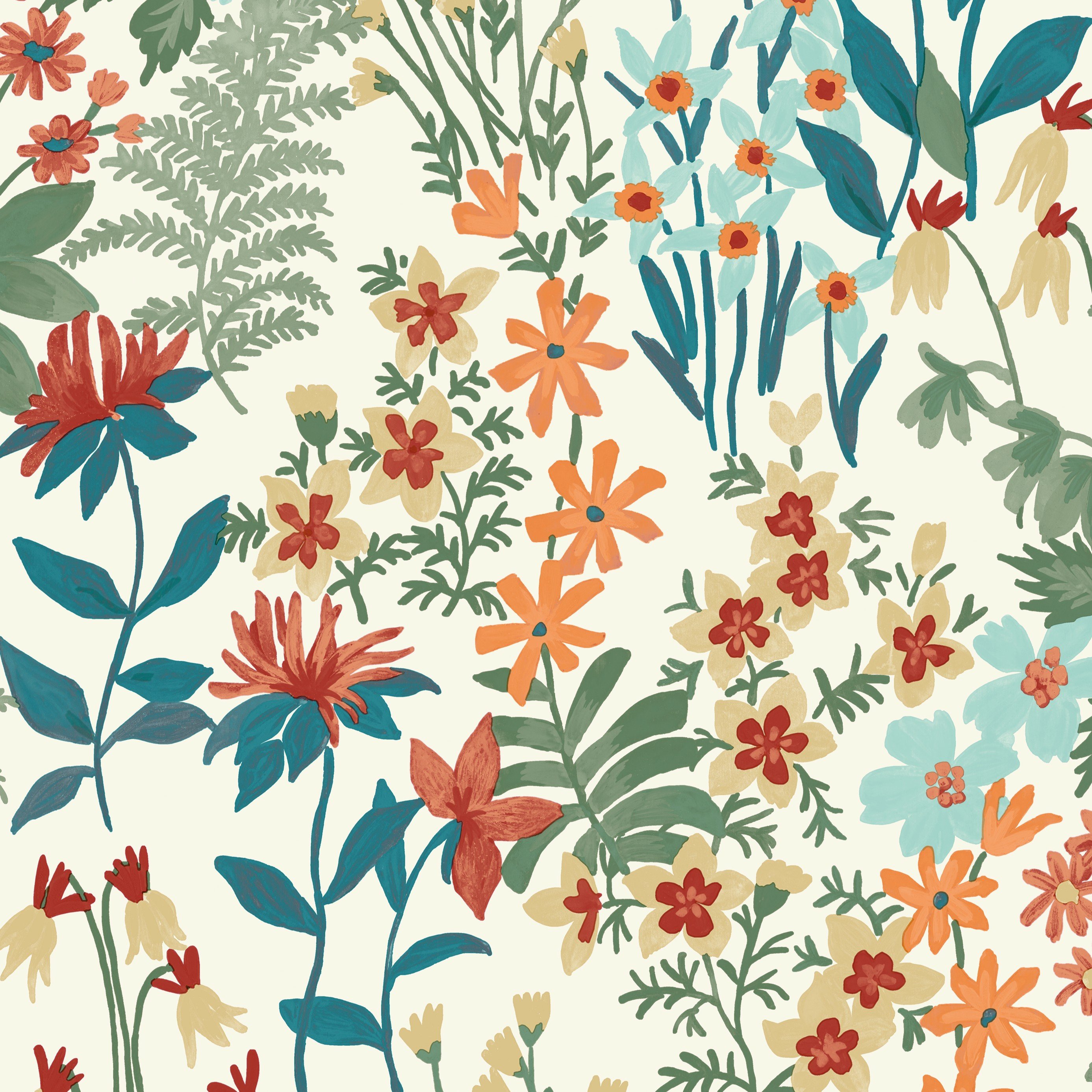 Grandeco Ditsy Floral Agnala Textured Wallpaper - Green Teal Orange