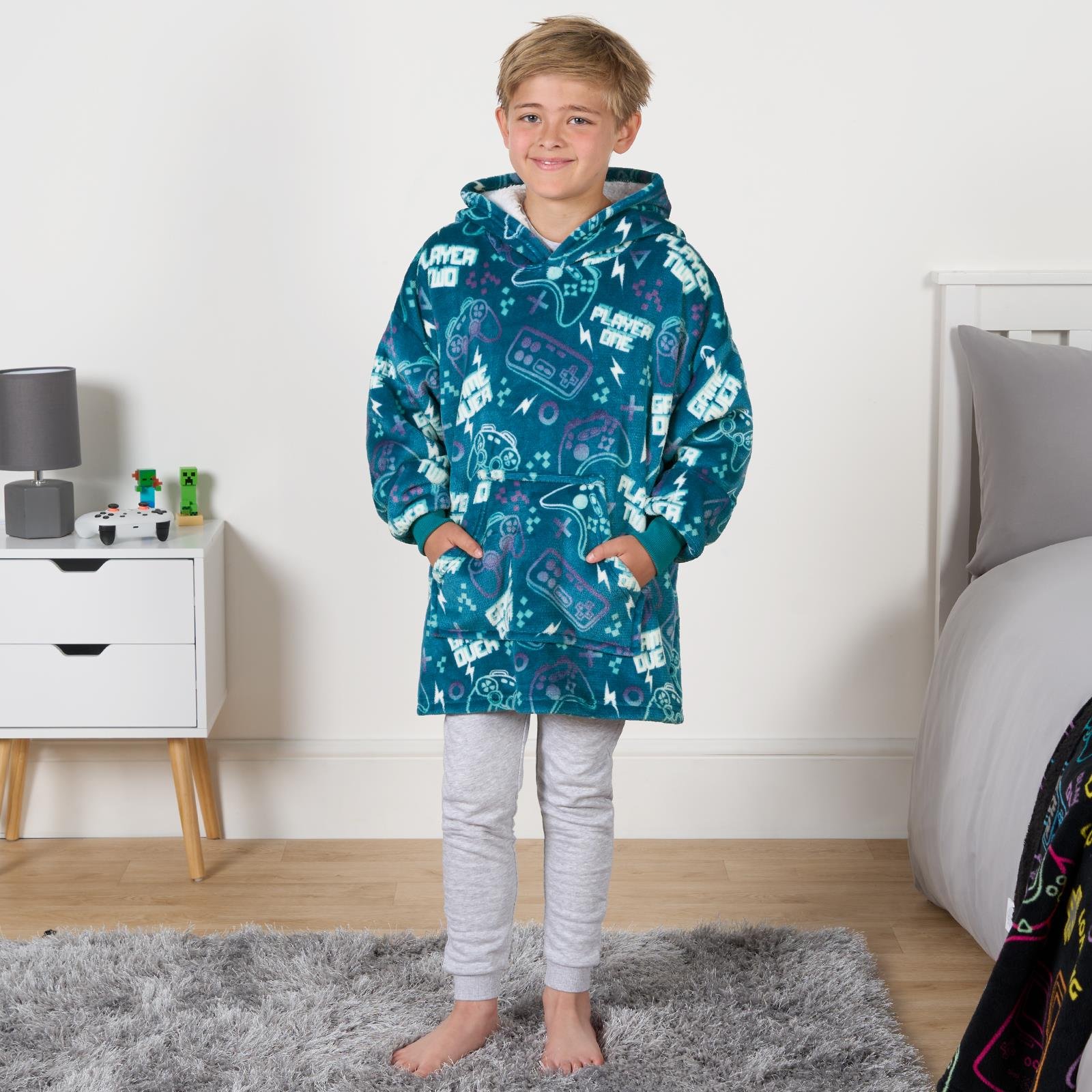 OHS Kids Gaming Print Hoodie Blanket - One Size - Teal
