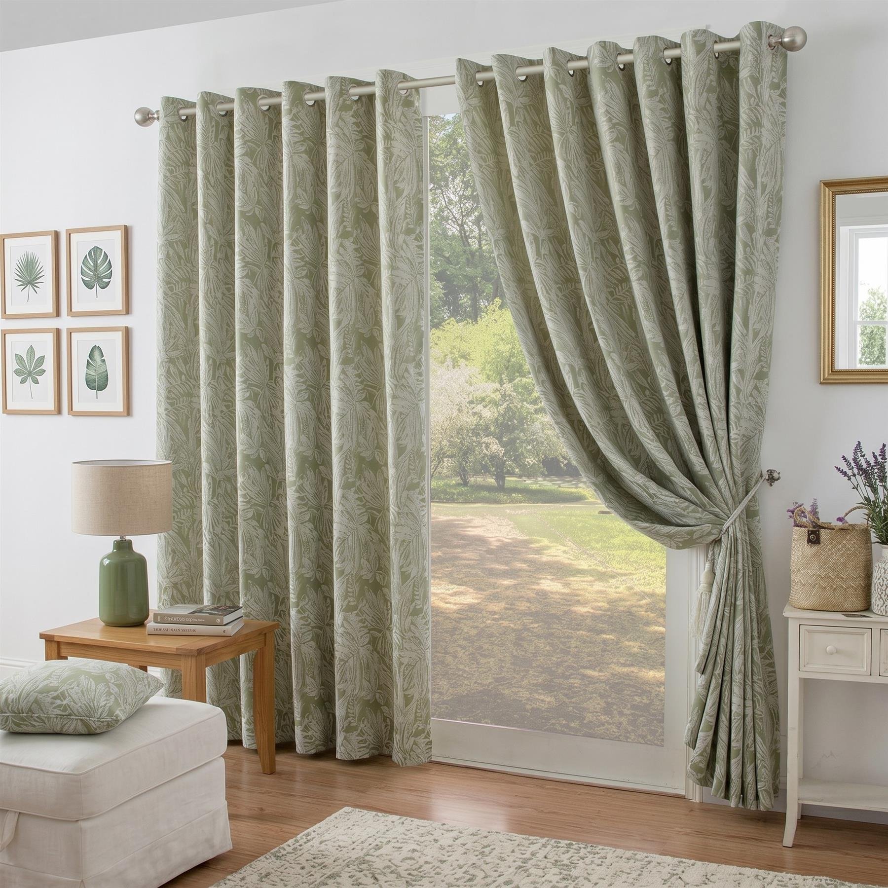 Luxury Living Chenille Jacquard Lined Eyelet Curtains 117cm x 229cm - Green