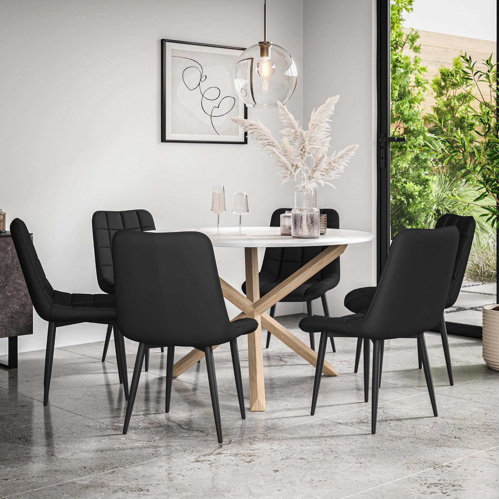 Furniture Online Malvern Nova Marble Top Dining Table & 6 Black Chairs