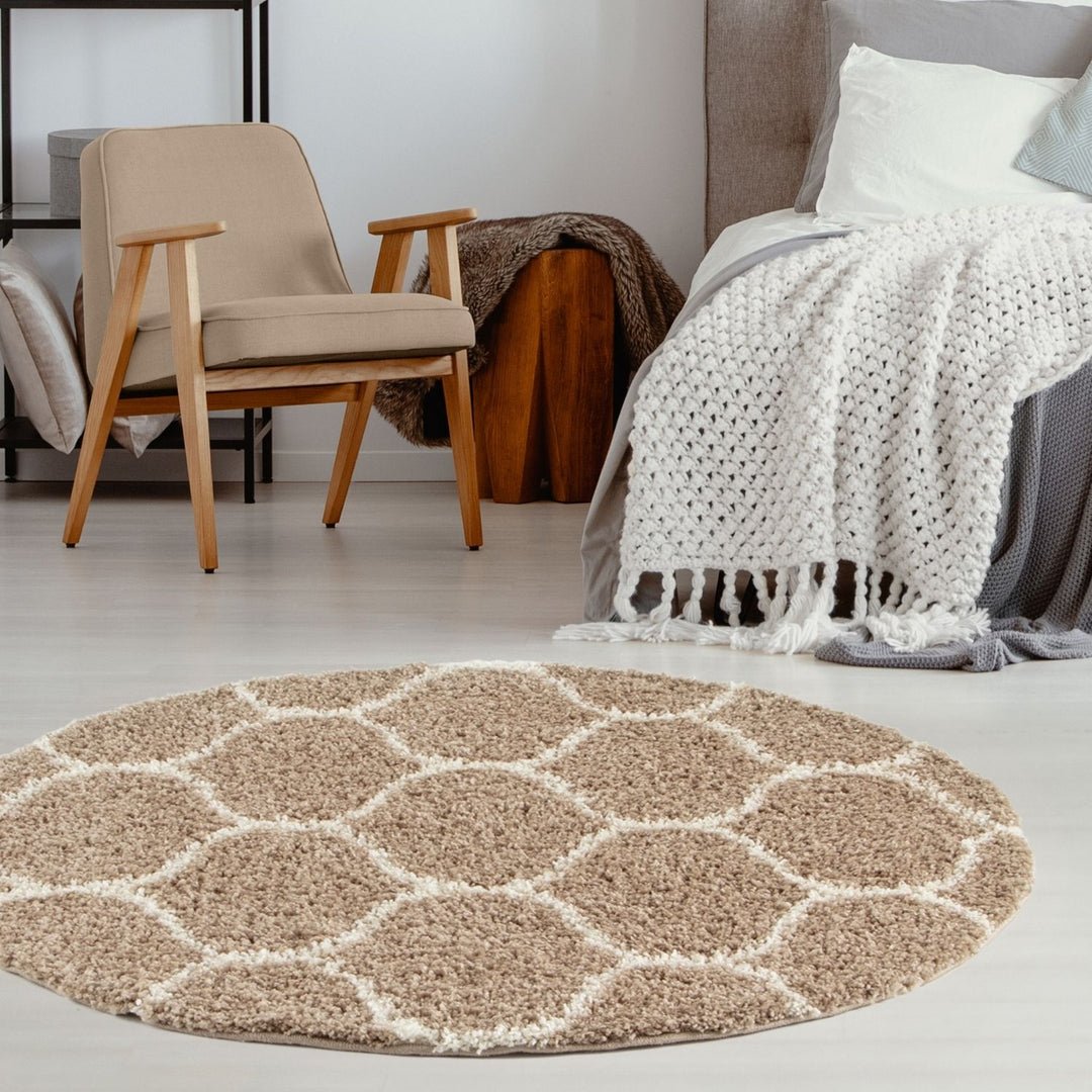 The Rugs Beige Moroccan Shaggy Trellis Round Rug - 120cm
