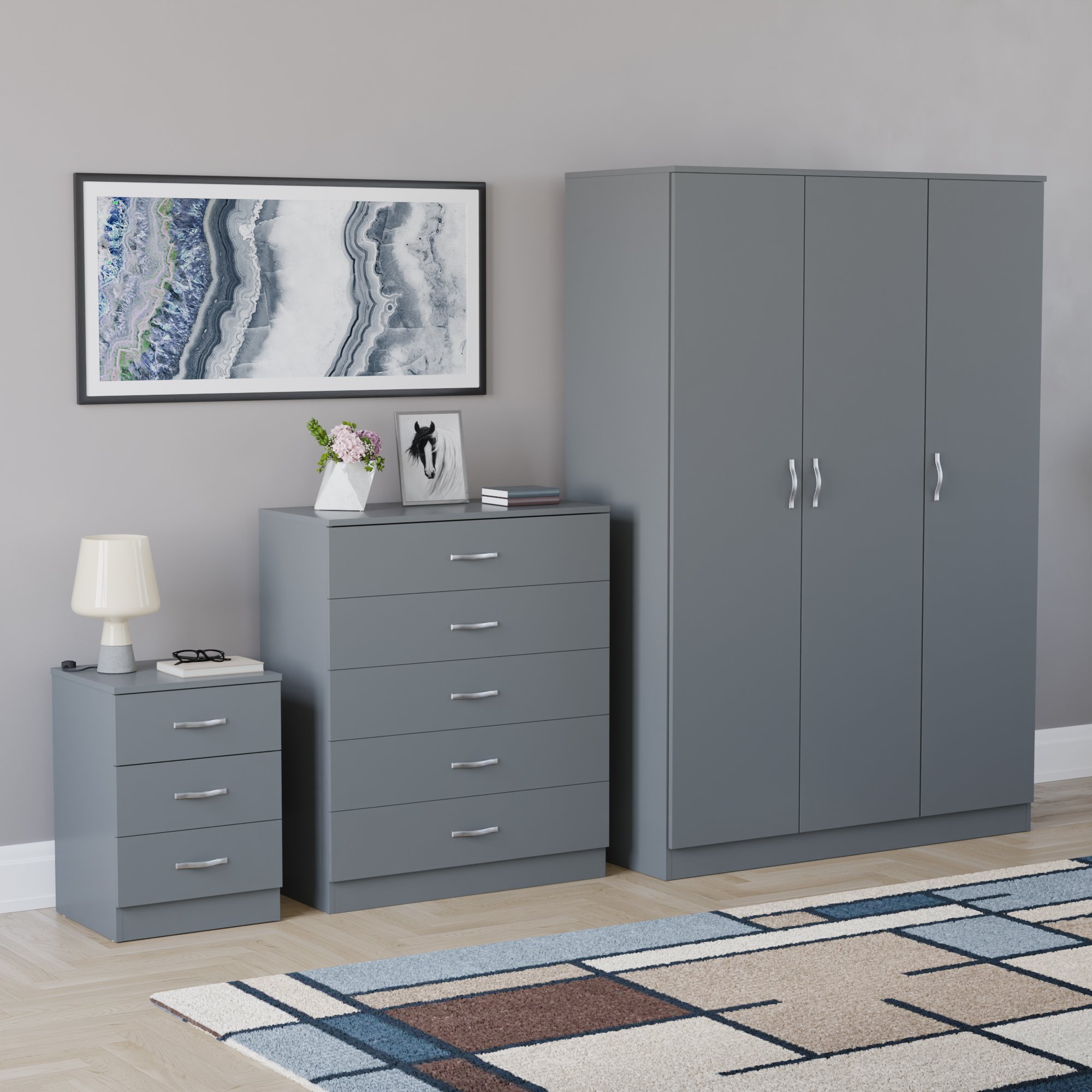 Vida Designs Riano Bedroom Set (Bedside, 5 Drawer Chest, 3 Door Wardrobe) - Grey