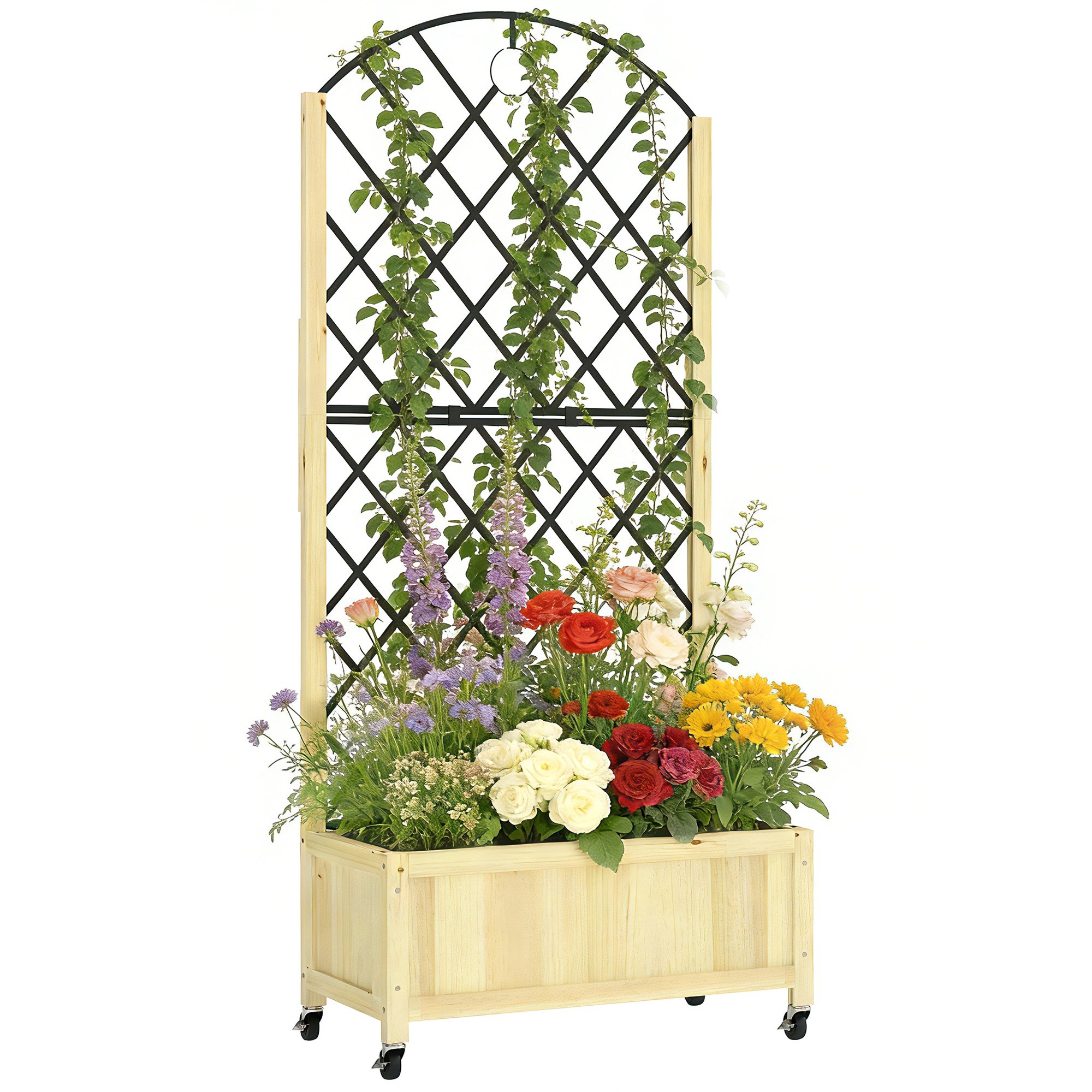 Outsunny Raised Garden Bed with Metal Trellis – Natural Wood