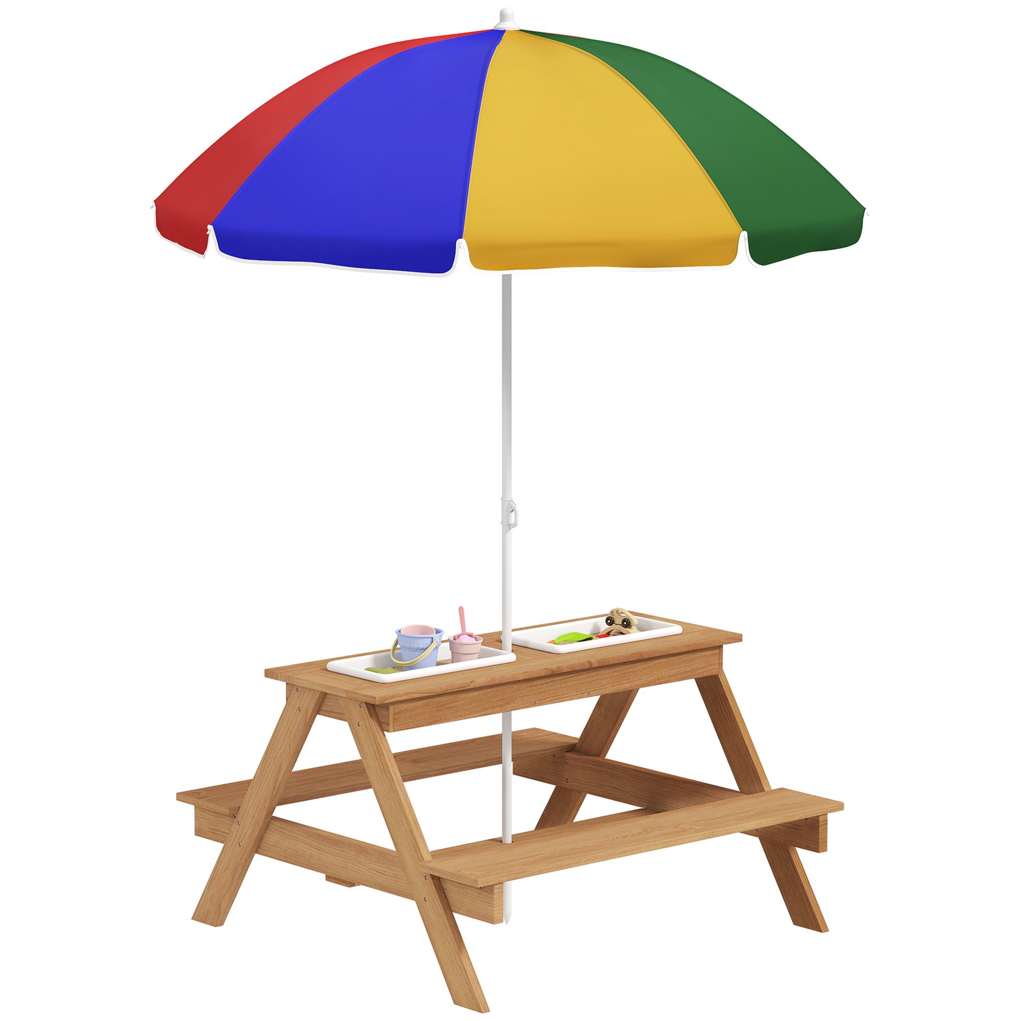 AIYAPLAY Wooden Benches Adjustable Parasol Kids Sand Water Table - Multicolour