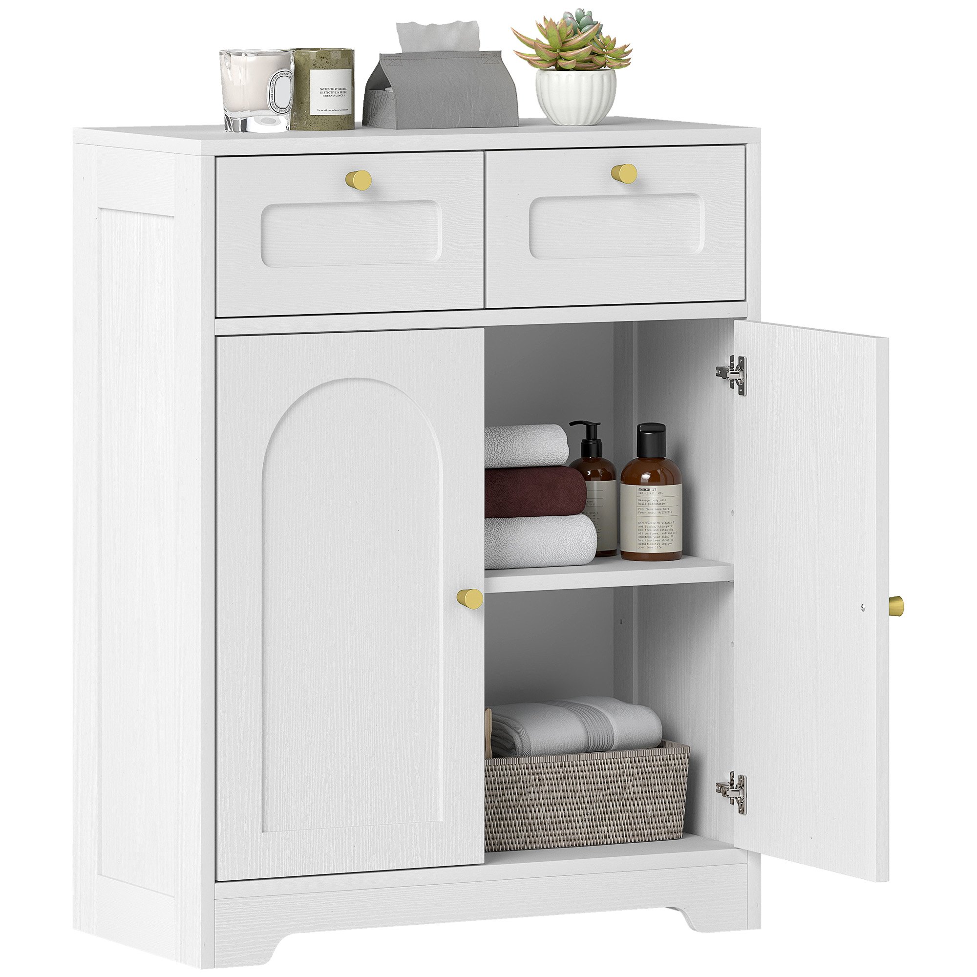 HOMCOM Bathroom Floor Cabinet with 2 Drawer and Arched Doors - White