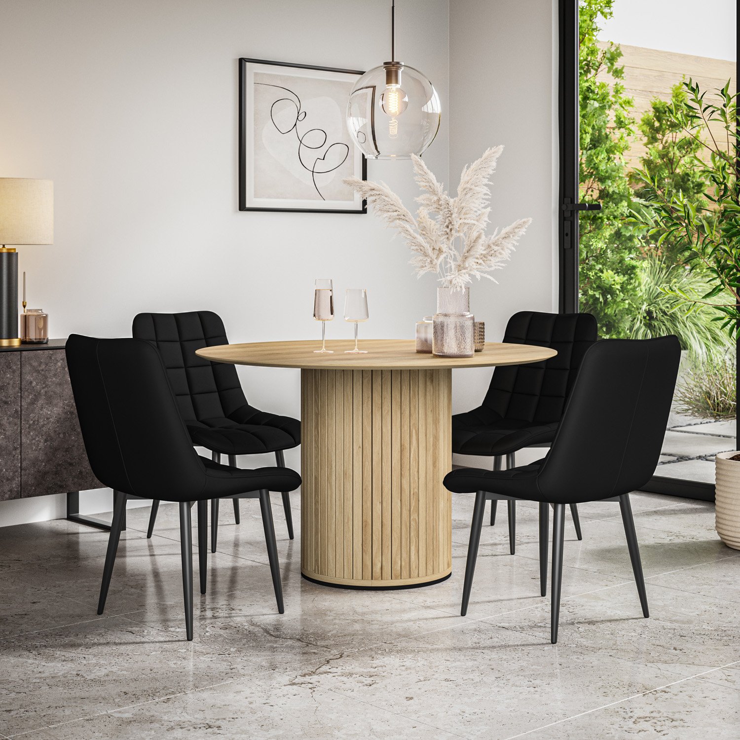 Furniture Online Arlo Nova Oak Top w Oak Legs Dining Table & 4 Black Chairs