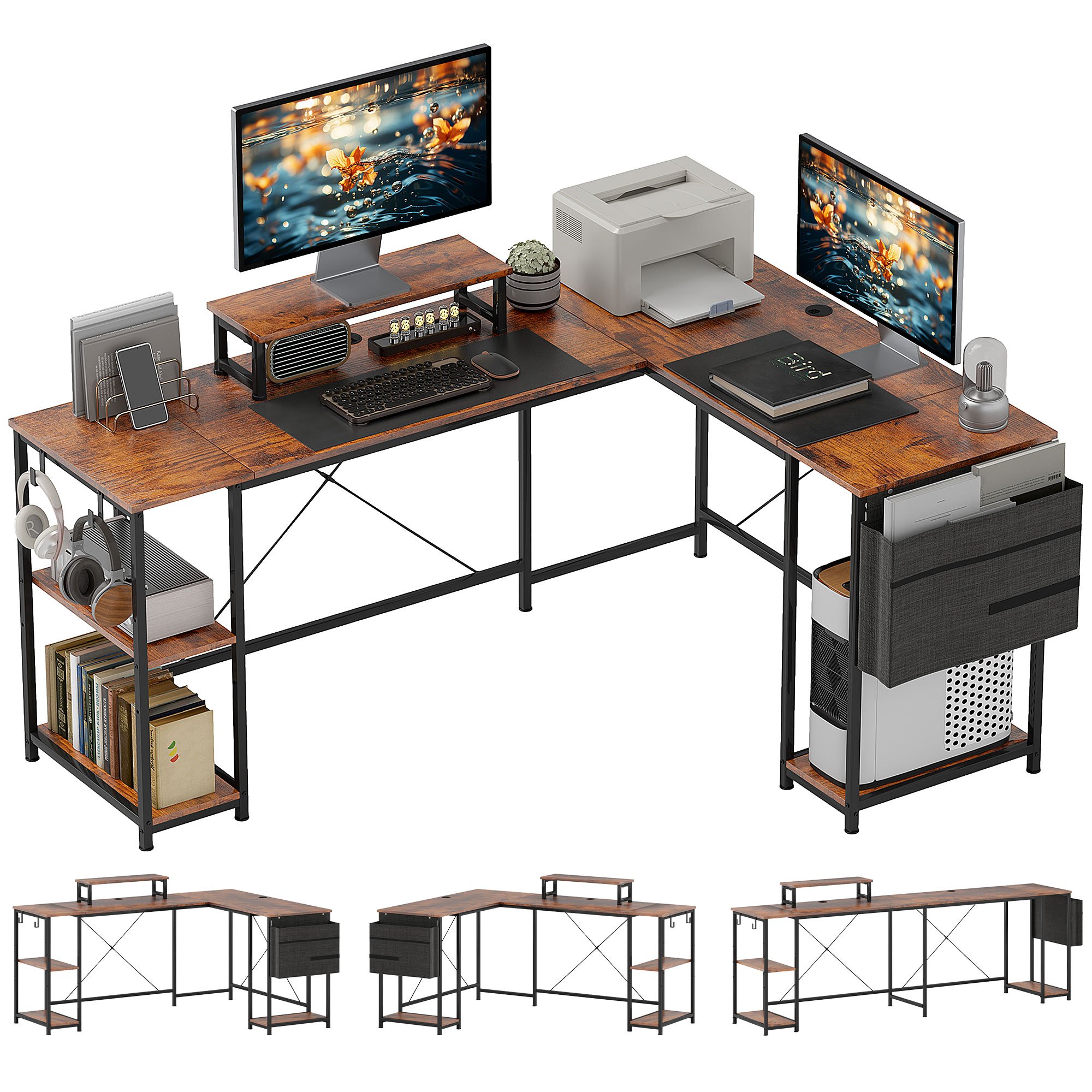HOMCOM Reversible L Shaped Desk with Adjustable Shelf - Rustic Brown