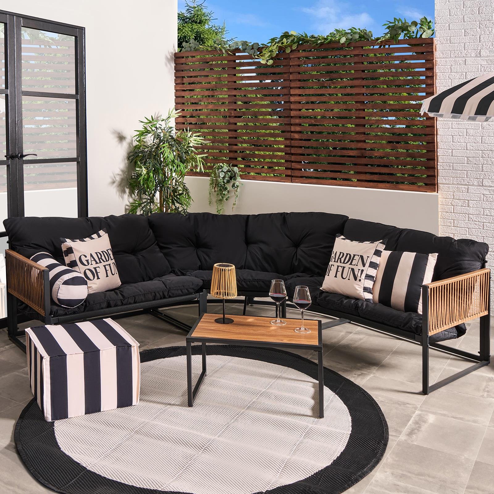 OHS Santorini 5‑Seater Garden Corner Sofa & Table Set - Black