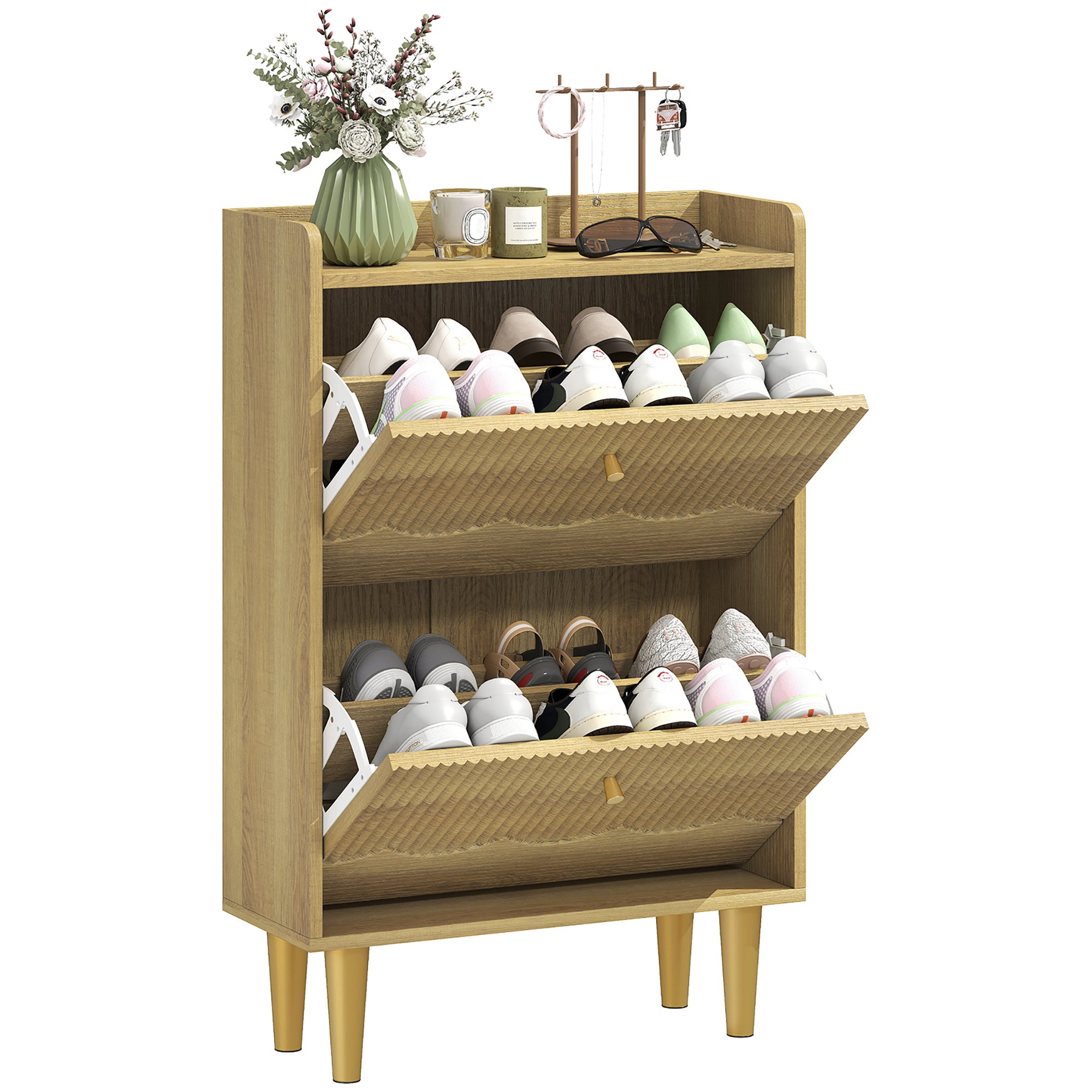HOMCOM 2 Flip Drawers Narrow Shoe Cabinet with Top Shelf - Oak
