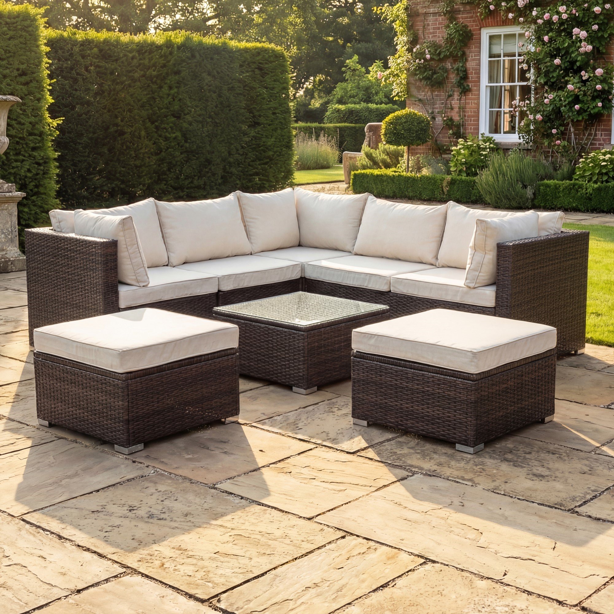 Artemis Home Oliena 7 Seat Modular Rattan L-Shaped Corner Furniture - Brown
