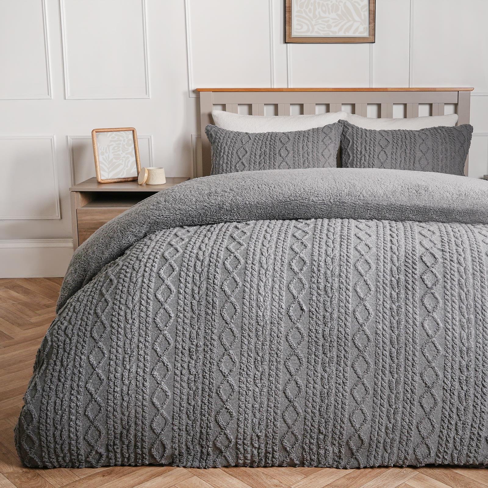 OHS Cable Knit Fleece Duvet Cover Set Bedding Grey - Double